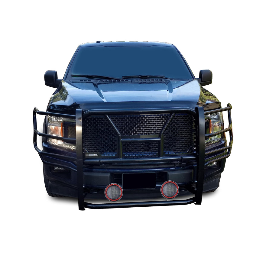 Heavy Duty Black Horse Rugged Grille Brush Bumper Guard Modular Black Come with Pair of 5.3" Dia.LED Lights with Red Trim Rings Compatible with 2015-2020 Ford F-150-RU-FOF115-B-PLFR