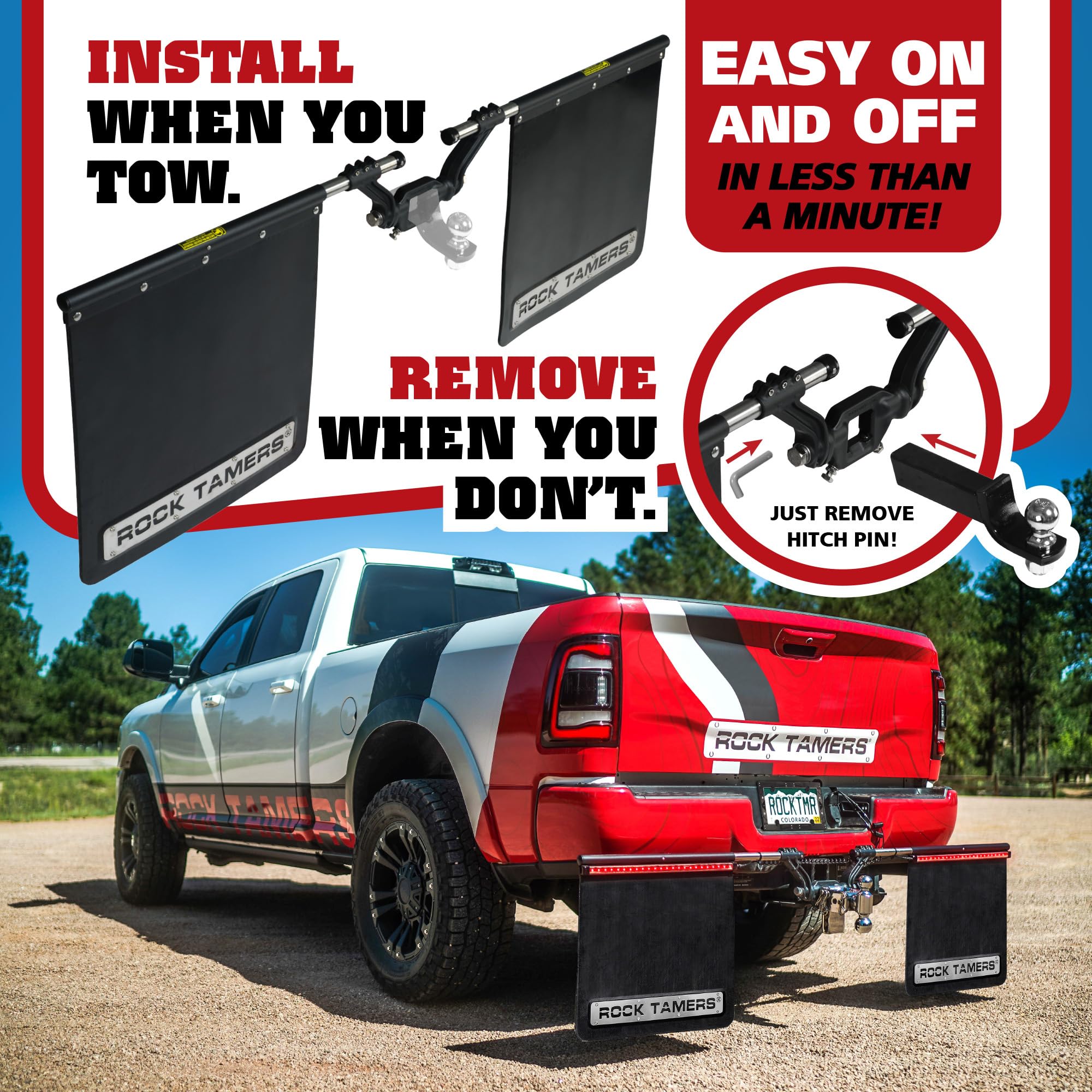 2.5" Rock Tamers 00110 - Official Mudflap System - 2.5" Hitch Receiver - Hitch Mounted Mud Flaps to Protect What You Tow - Removeable and Adjustable-Black/Stainless Steel - 1 System