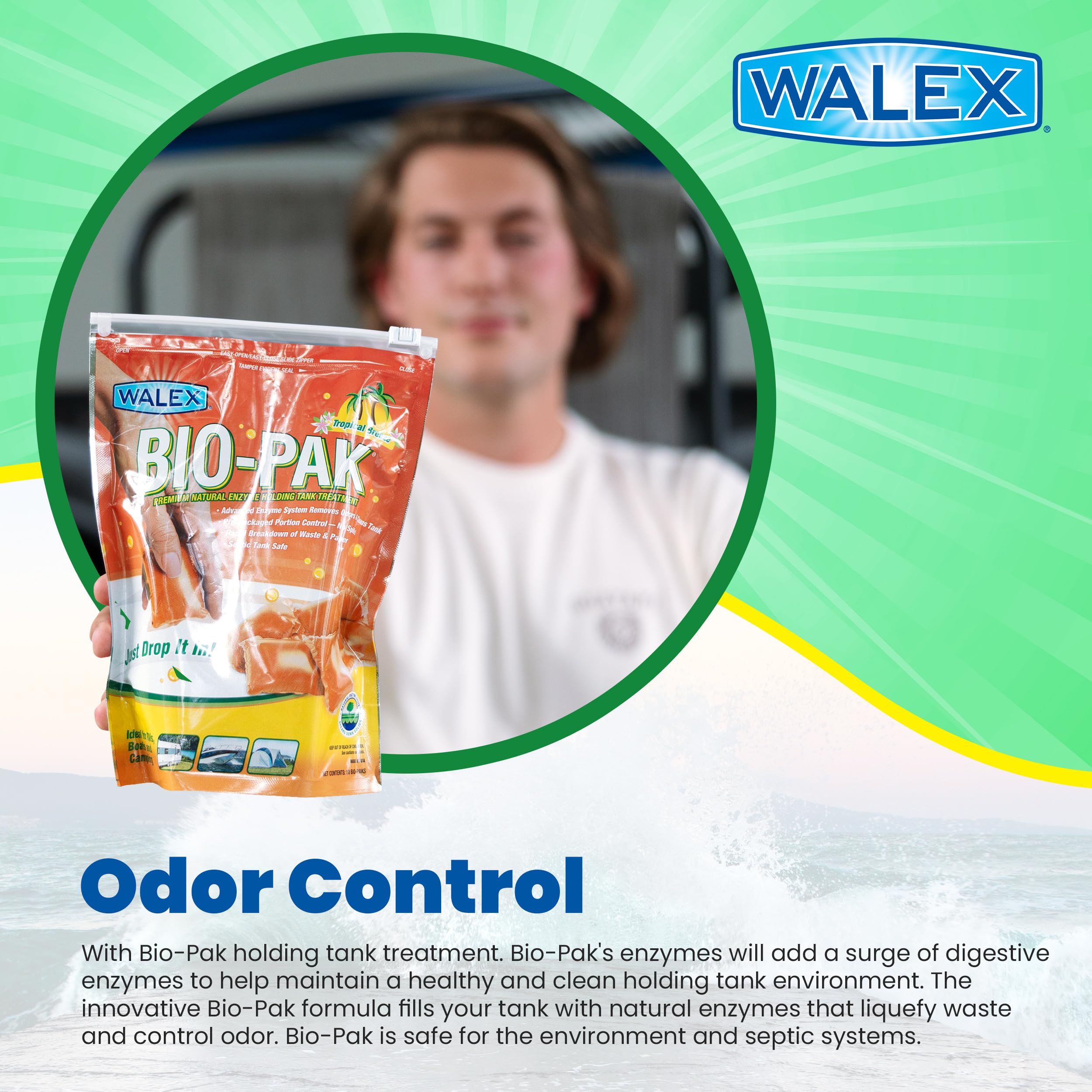 Walex Black Bio-Pak Holding Tank Deodorizer & Waste Digester Drop-Ins - Advanced Enzyme Formula for Rapid Breakdown of Waste & Paper, Removes Odors & Cleans Tank; Tropical Breeze, 10-Pack