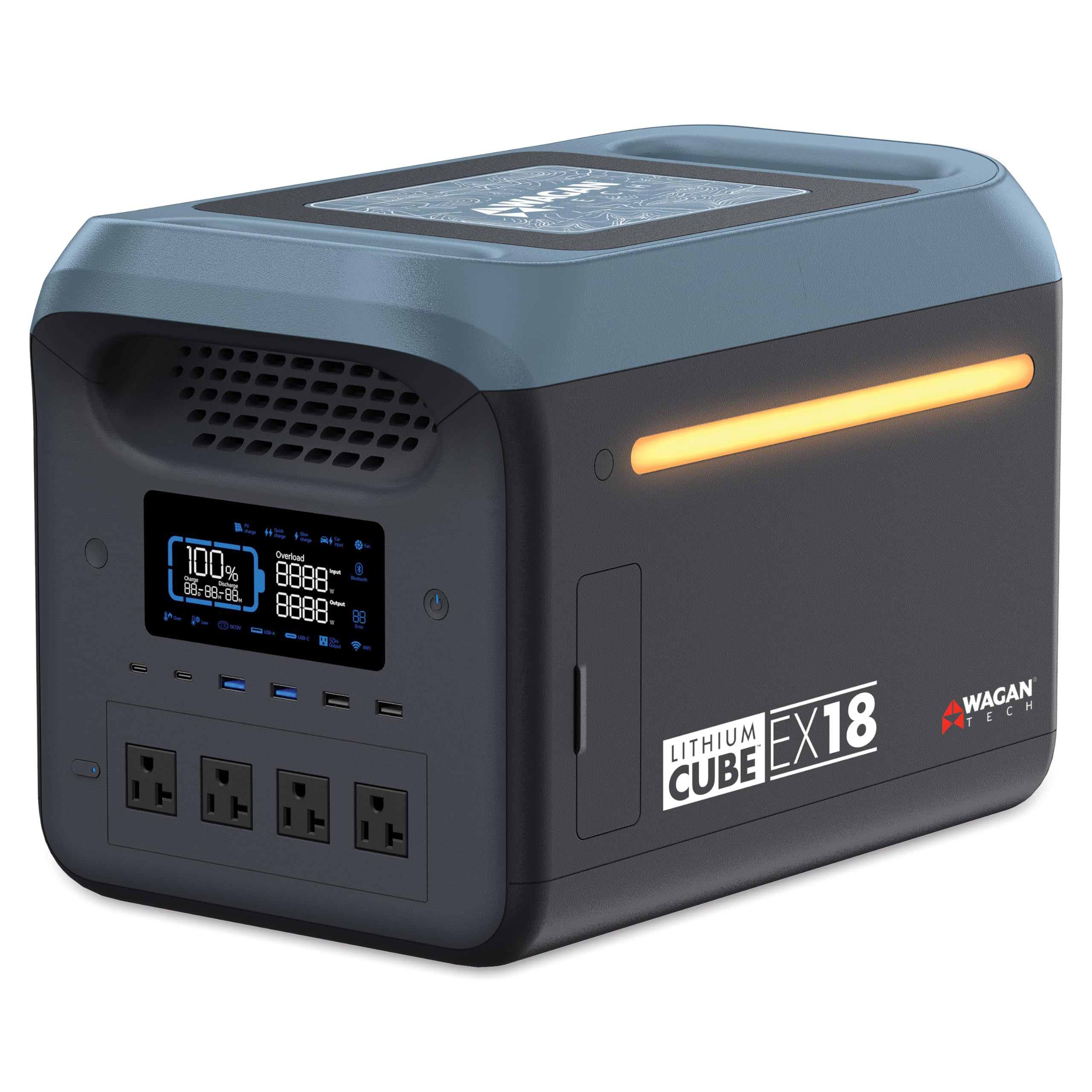 Wagan EL8840 Portable Power Station Lithium Cube EX18 Solar Generator 1229Wh LiFePO4 Battery Fast Charge 1800W 3000W peak AC 100W USB-C for Home Backup, Power Outages, Outdoor Camping, Off-grid