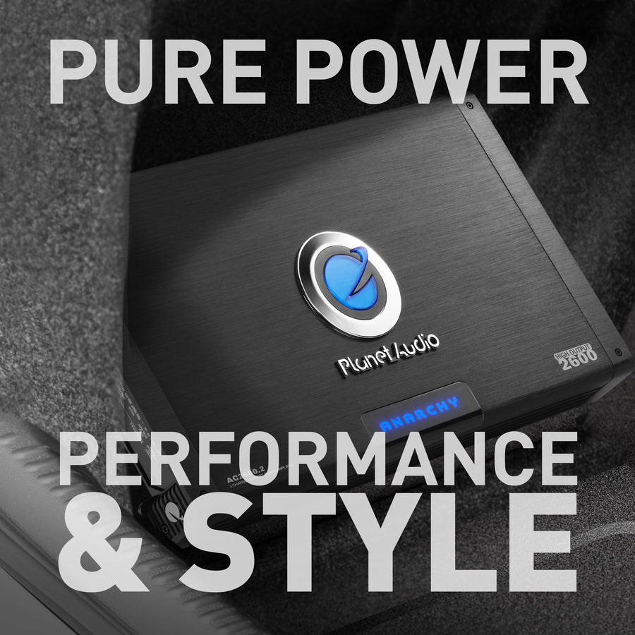 Anarchy Series Planet Audio AC2600.2 2 Channel Class A/B Car Amplifier - 2600 High Output, 2-8 Ohm Stable, High/Low Level Inputs, High/Low Pass Crossover, Full Range, Hook Up to Subwoofer for Bass
