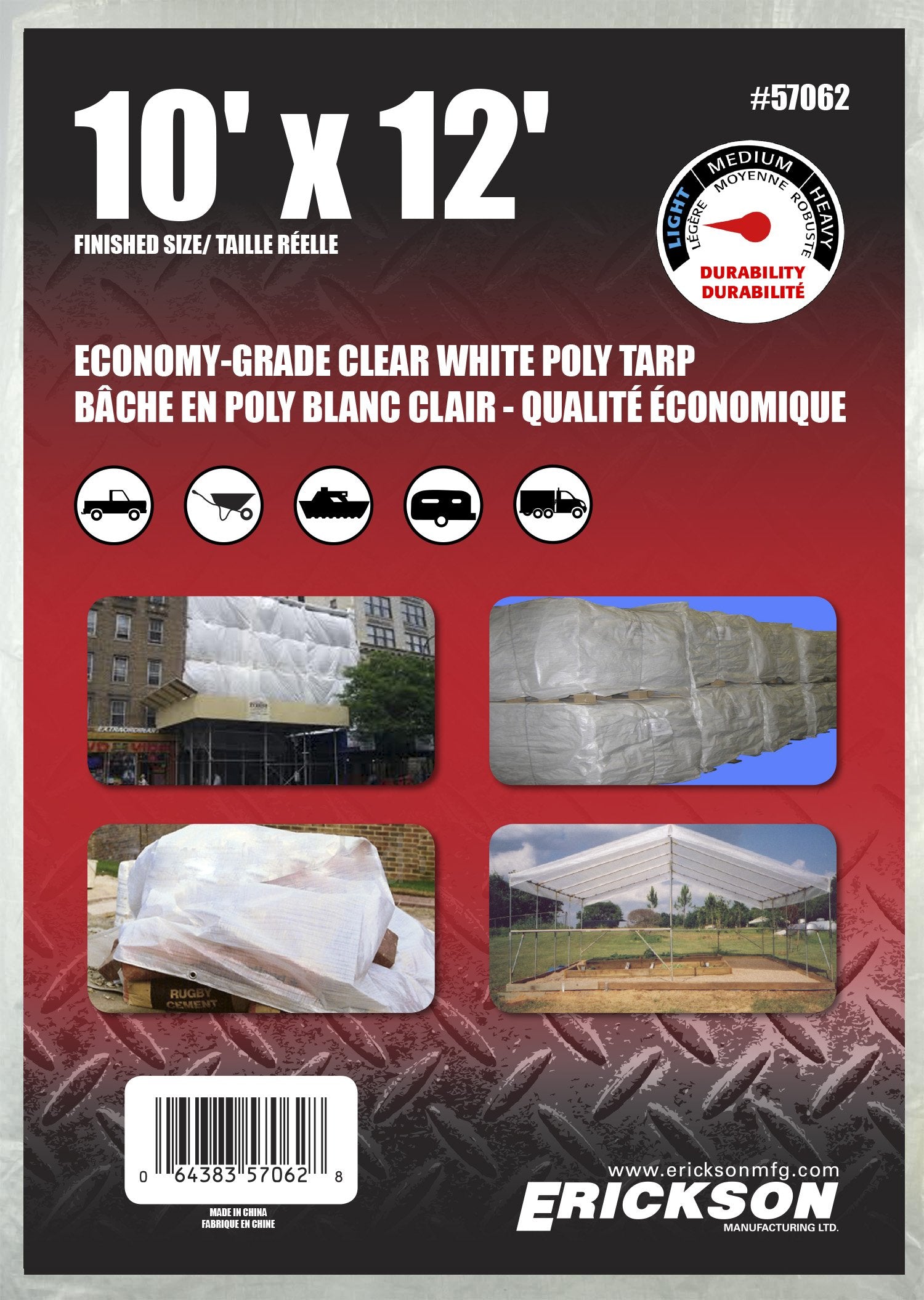 Economy Grade Erickson 57062 Clear White Poly Tarp, 10' x 12', 1 Pack