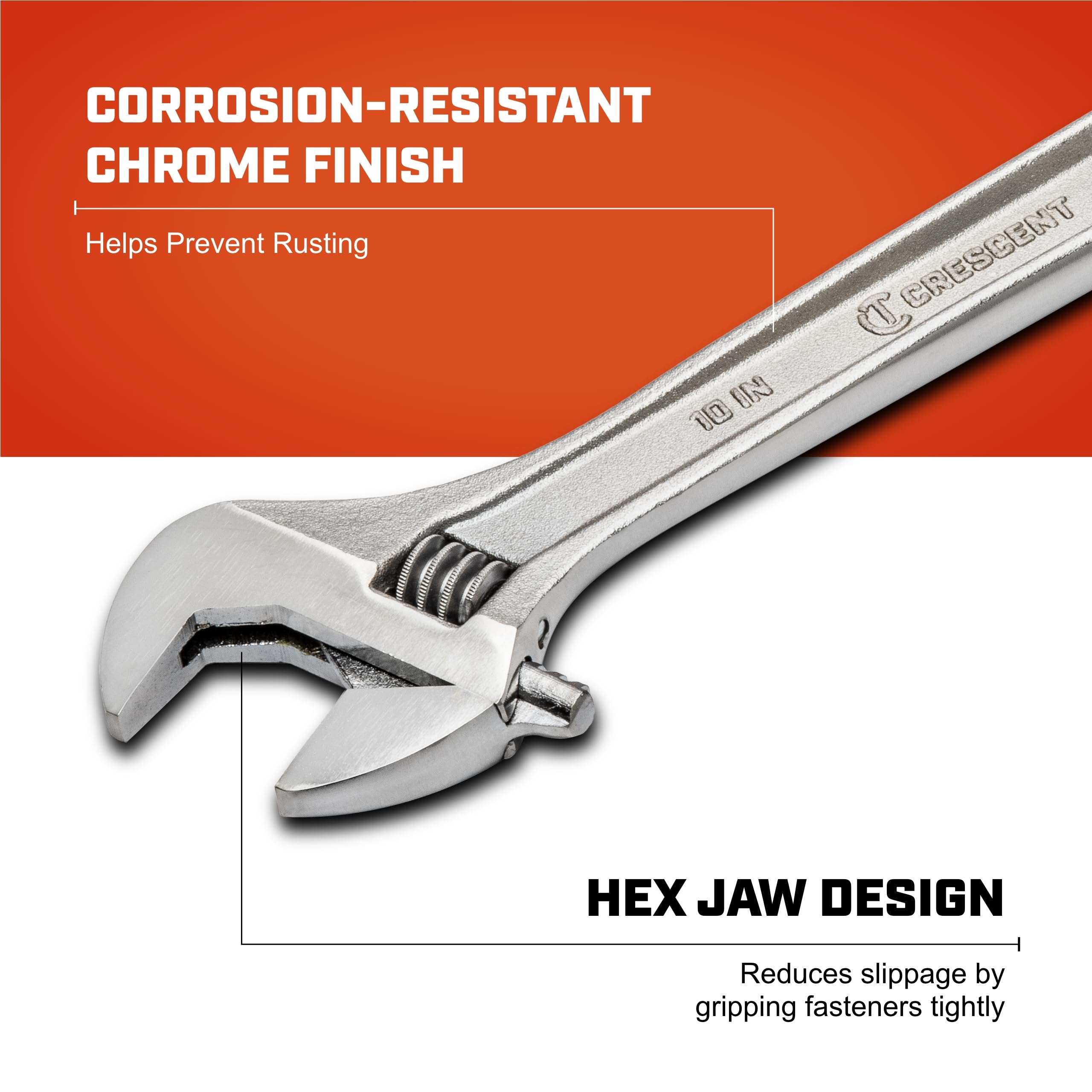 10" Crescent Adjustable Wrench - Boxed - Mechanical & Plumbing Wrenches - With Larger Knurl & Hex Jaw - Chrome Plated to Resist Rust & Corrosion - Reduces Fatigue - Mechanic Hand Tool - AC210BK