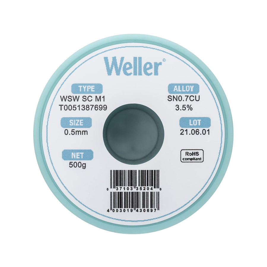 Weller M1 WSW (T0051387699) Lead Free Solder Wire, Dia: 0.5 mm / 0.020 in, Wt: 500 g / 17.637 oz, Alloy Sn99.3Cu0.7, Flux content 3.5%