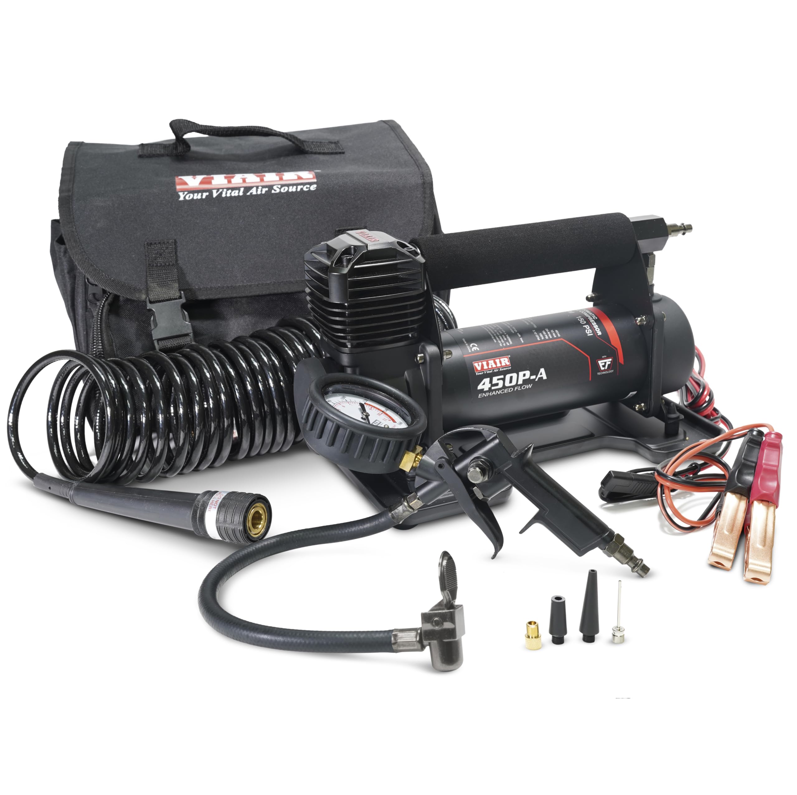 450P-A EF VIAIR Enhanced Flow - 45144 Tire Inflator Portable Air Compressor for Truck & SUV | 100% Duty Cycle @ 100 PSI | 12V Tire Pump Air Compressor | 150 PSI, Any Tire Size (SAE, Alligator Clips)