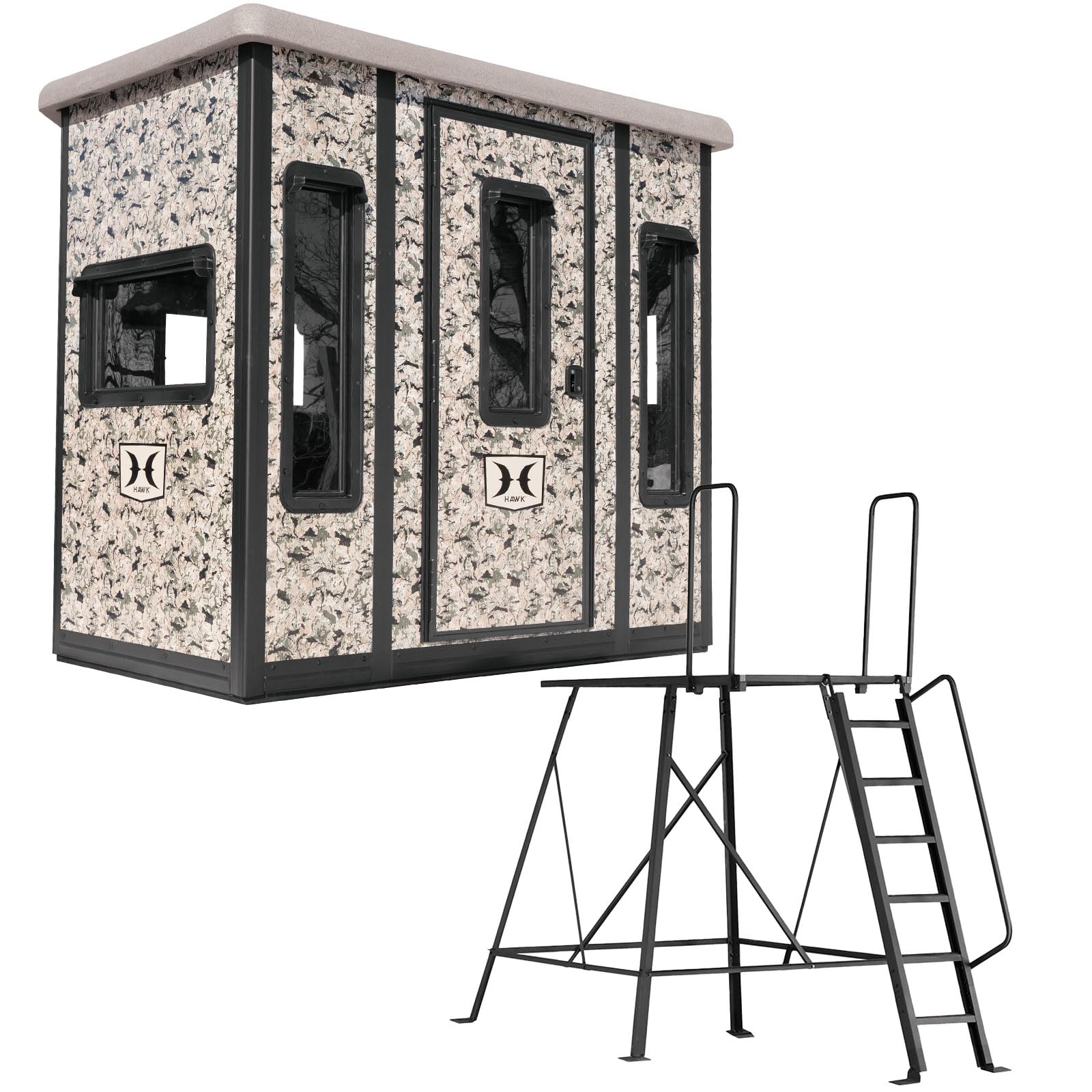 Hawk 87" W x 69" D x 78" T Compound Hunting Assembled Insulated Steel Box Blind | Floor with Rubber Pad and Multiple One-Hand-Operable Windows | Blind w/ 5ft Elite Tower