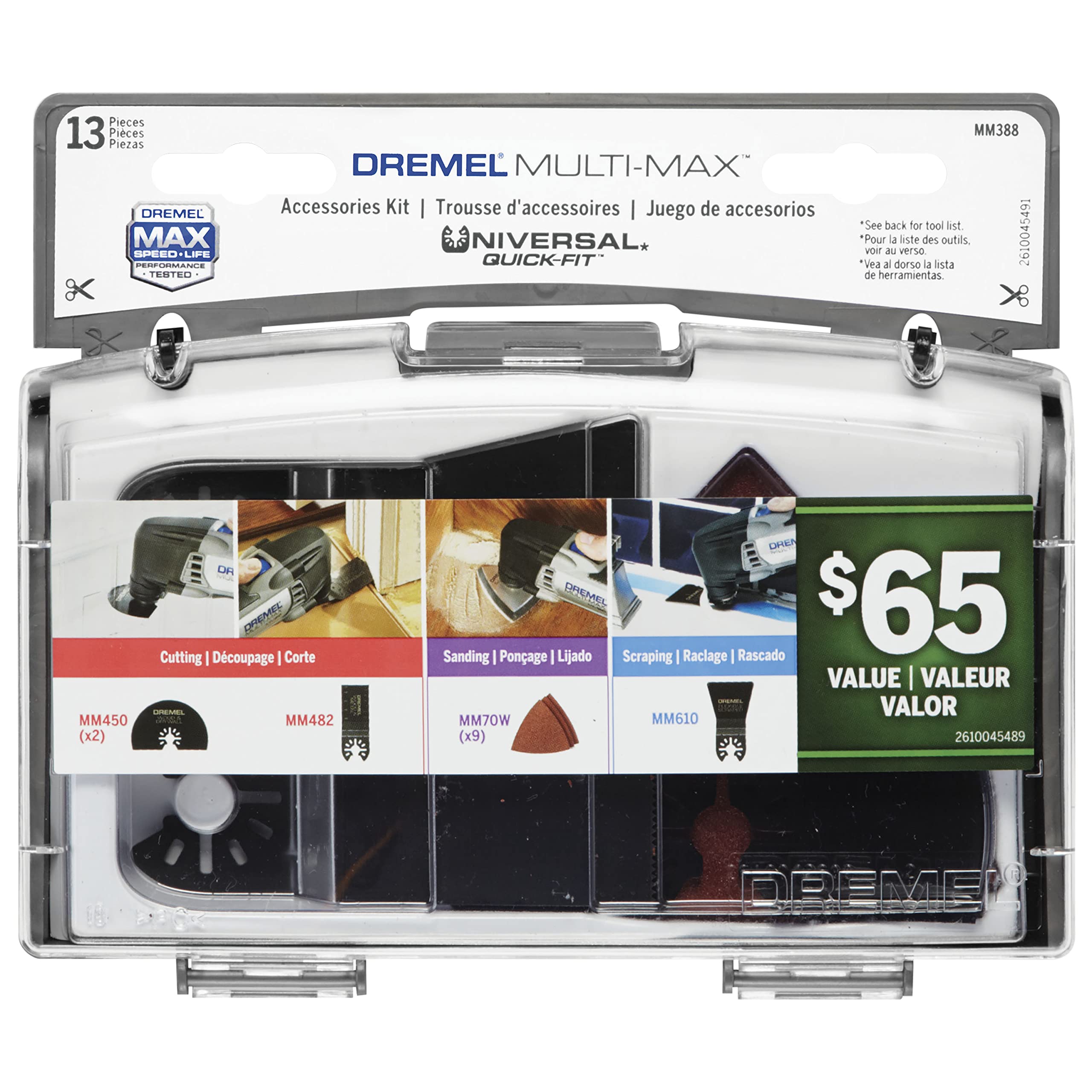 Dremel 13-Piece Oscillating Multi-Tool Accessory Kit MM388, Includes 4 Blades, 9 Wood Sandpaper Sheets, and Reusable Case - Universal Quick-Fit Interface fits Bosch, Makita, Milwaukee, and Rockwell