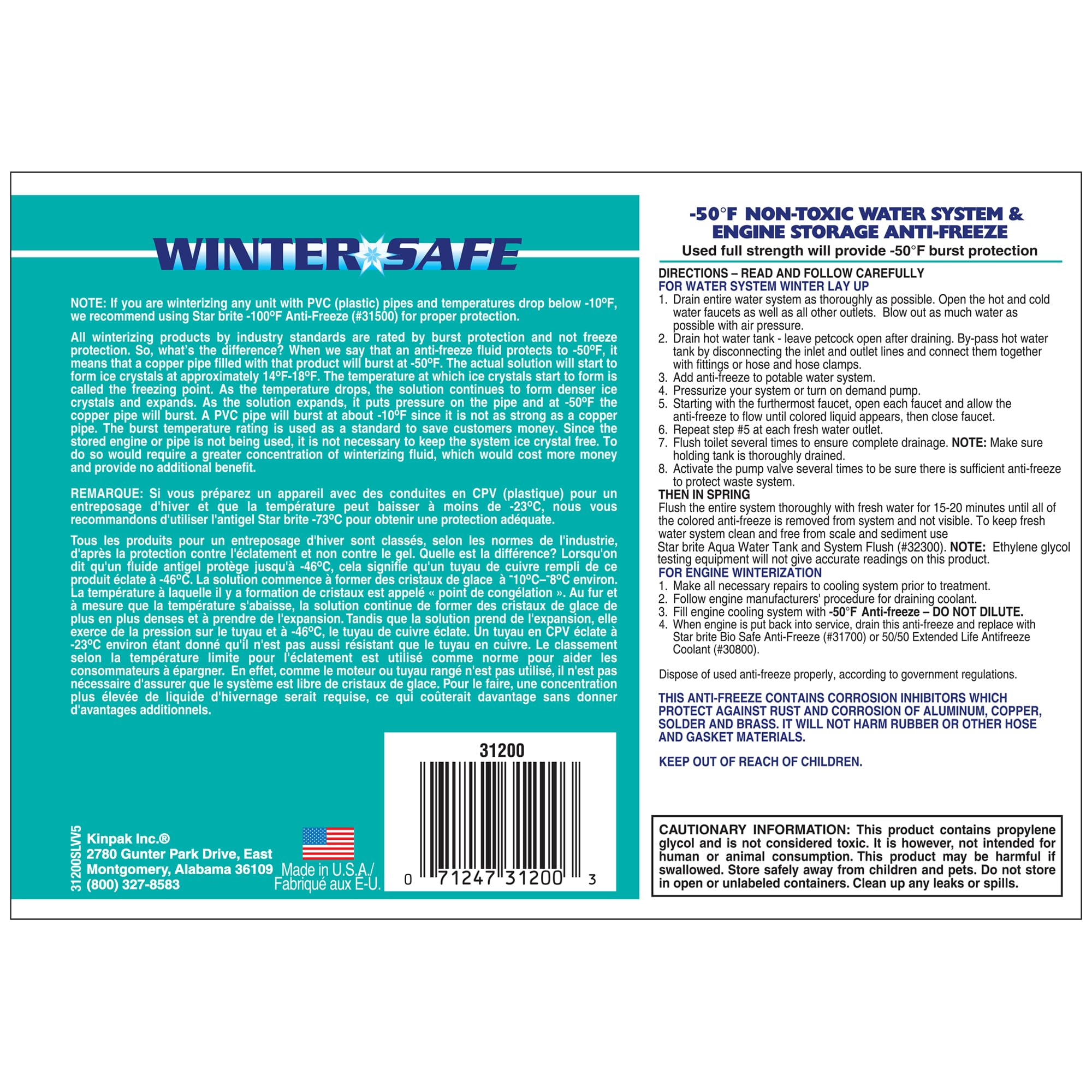 Non-Toxic STAR BRITE -50°F Winter Safe RV Marine Antifreeze, Water System and Engine Storage Solution, Ready-to-Use, Protects Down to -50 Degrees Fahrenheit