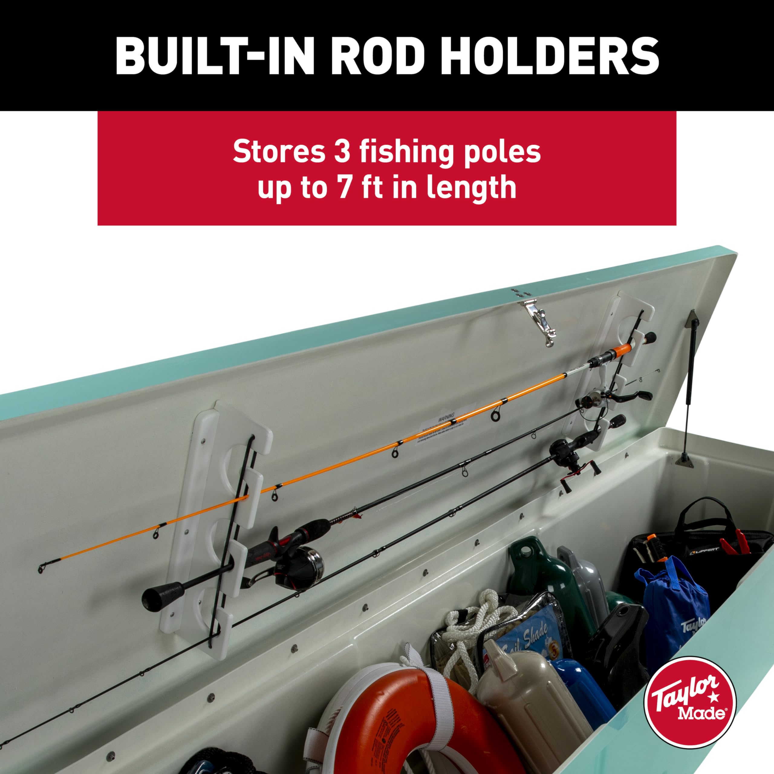 Taylor Made Fisherman’s Stow N’ Go Fiberglass Dock Box, Extra Large (24"H X 95"W X 22"D), Seafoam Green, Smooth Interior Finish, Lockable Latch, Stainless-Steel Hardware - 83560SF