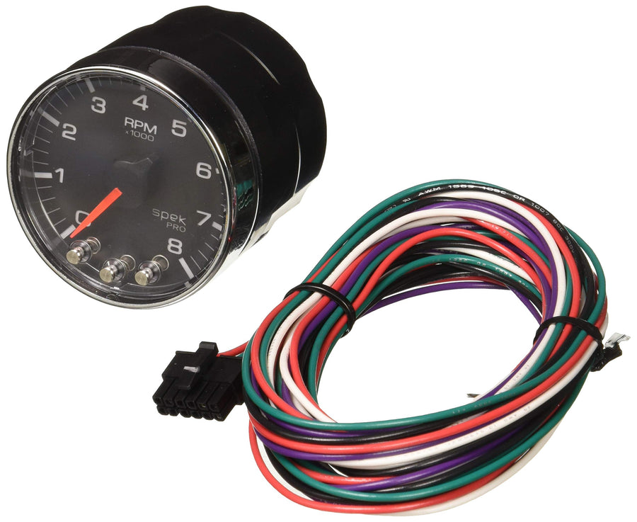 Gauge AUTO METER P334318 Tachometer (Spek-Pro Gauge, Tach, 2 1/16", 8K RPM,with Shift Light & Peak Mem, Blk/Chrm, Spek-Pro)
