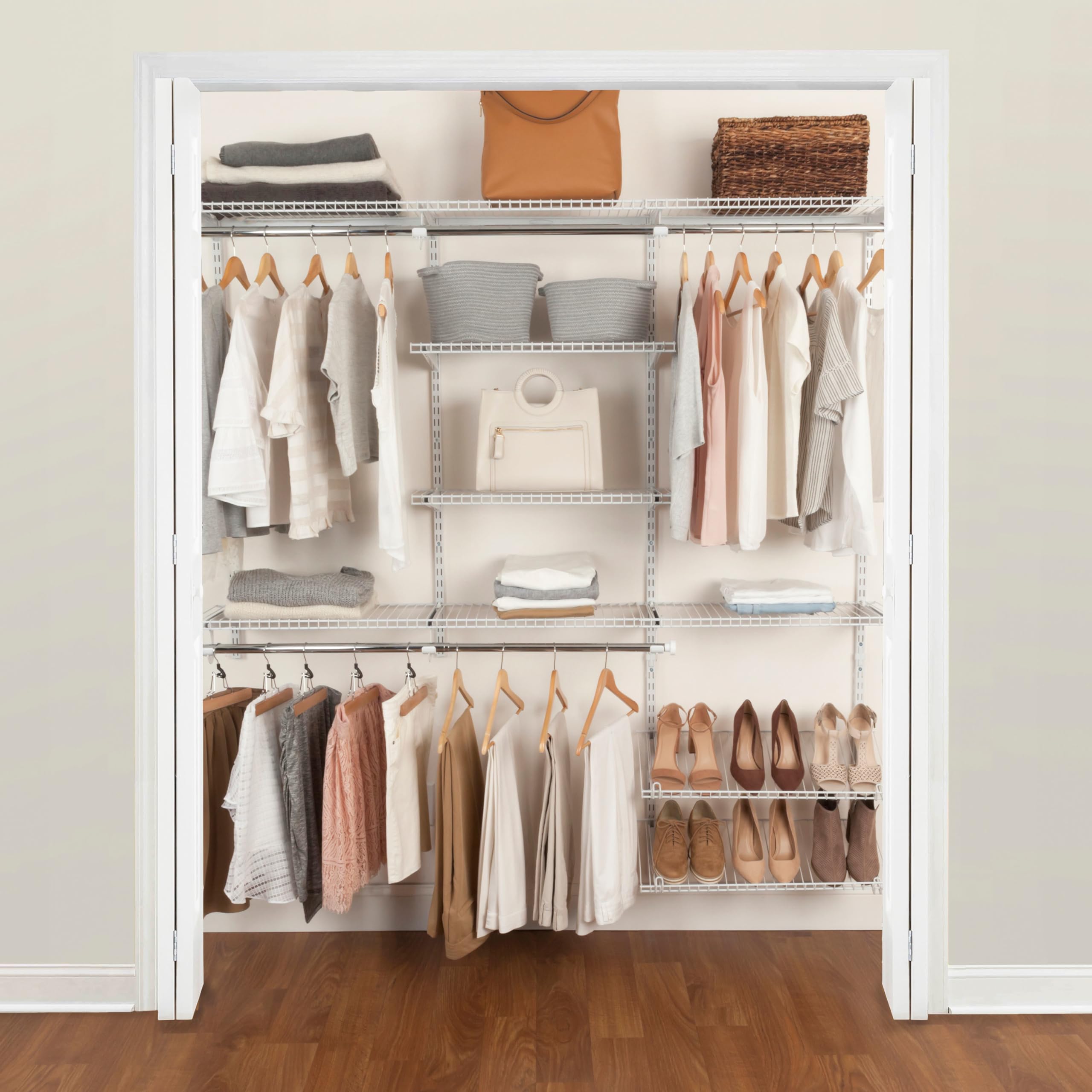 Rubbermaid Configurations Closet Kit Custom 6-10 Ft. Adjustable Metal Wire Shelving White Finish Expandable Organization System Hardware Included for Home Closet/Pantry/Laundry/Mudroom