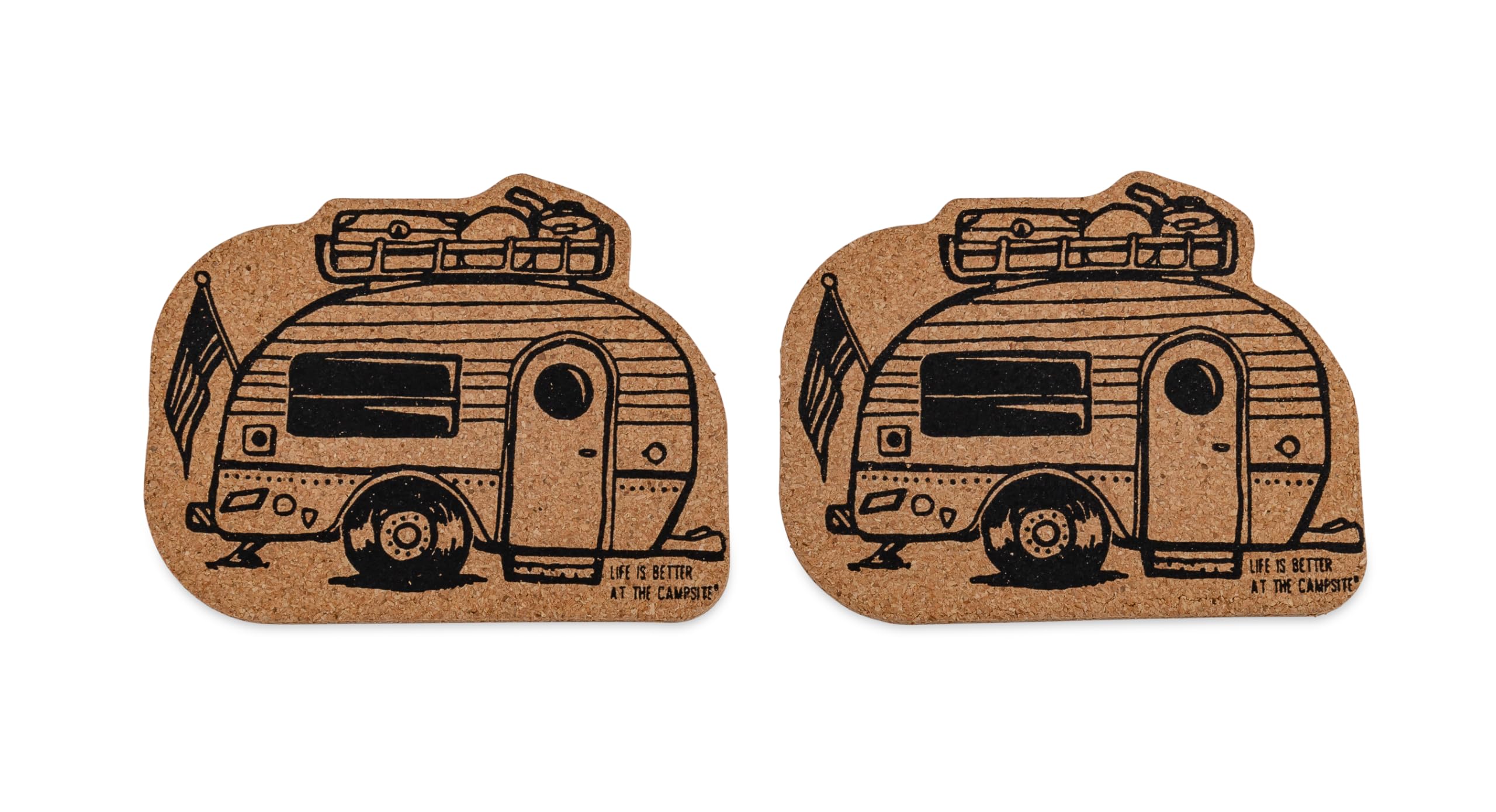 Camco Coasters Life is Better at The Campsite - Features Unique RV Themed Design & Crafted of Cork - Prevents Water Rings & Water Marks on Furniture - 2-Pack (53384)