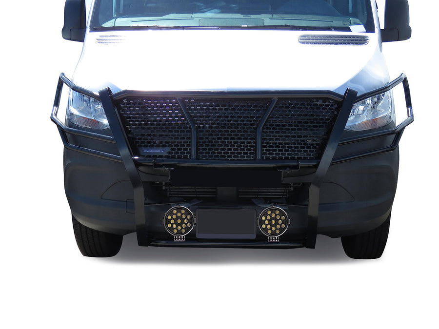 RUGGED HD Black Horse Grille Brush Bumper Guard Modular Come With pair of 7.0"LED Light with Black Trim Ring Compatible with 2019-2025 Dodge Sprinter-Benz sprinter 1500/2500/3500-RU-DOSP19-B-PLB