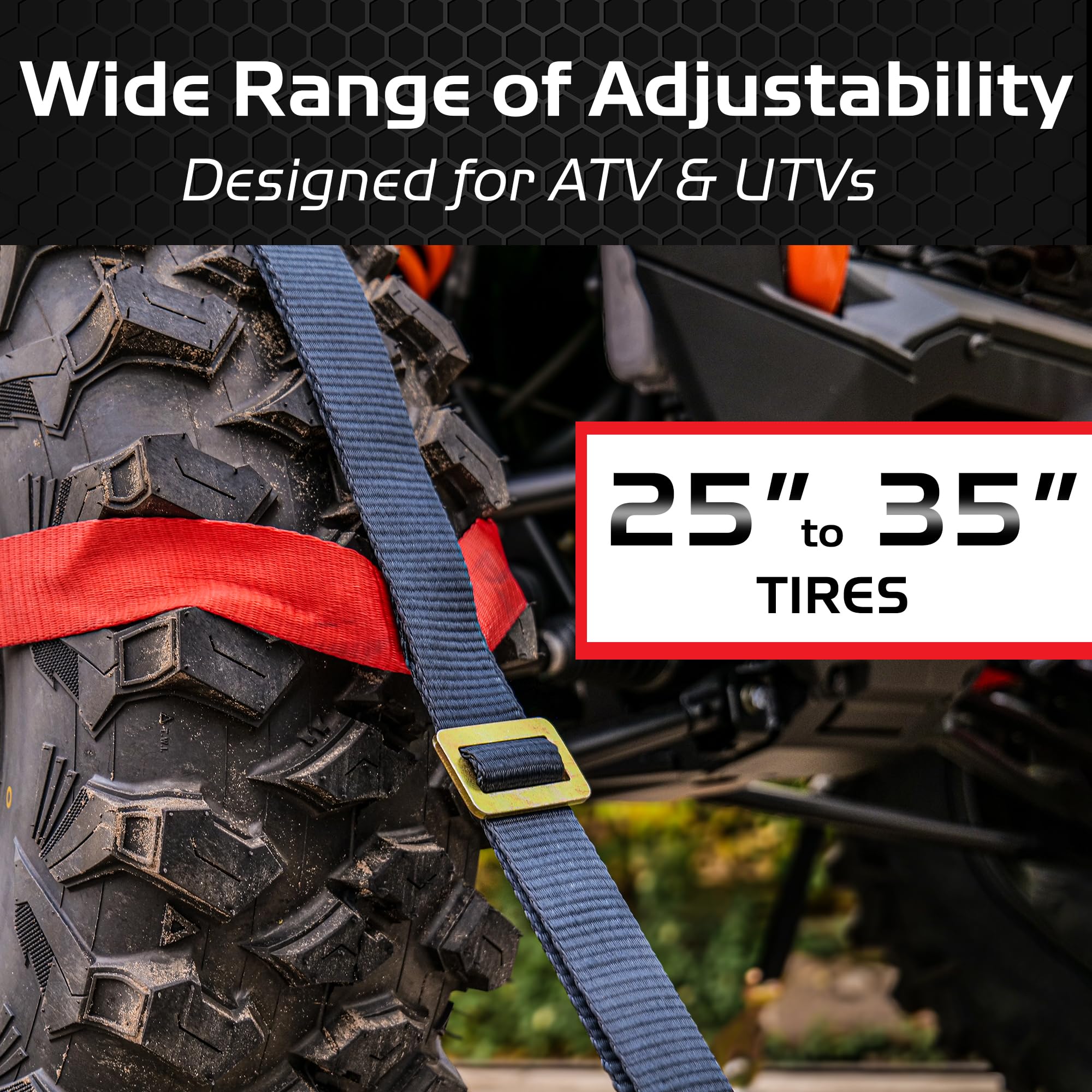 Caliber Heavy-Duty Trailblazer ORV Tie Down Straps, 2-Way Tension Around Tire with 11,000 lbs. Break Strength, 4-Pack