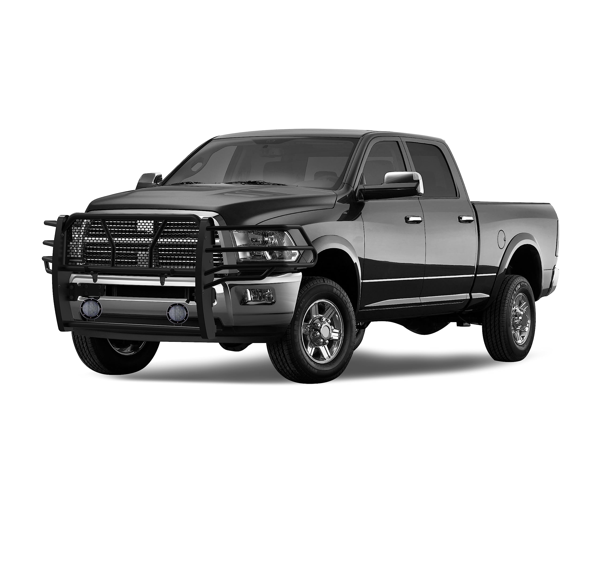 Heavy Duty Black Horse Rugged Grille Brush Bumper Guard Modular Black Come with Pair of 5.3" LED Lights with Black Trim Rings Compatible with 2010-2018 Dodge Ram 2500/Ram 3500-RU-DORA10-B-PLFB