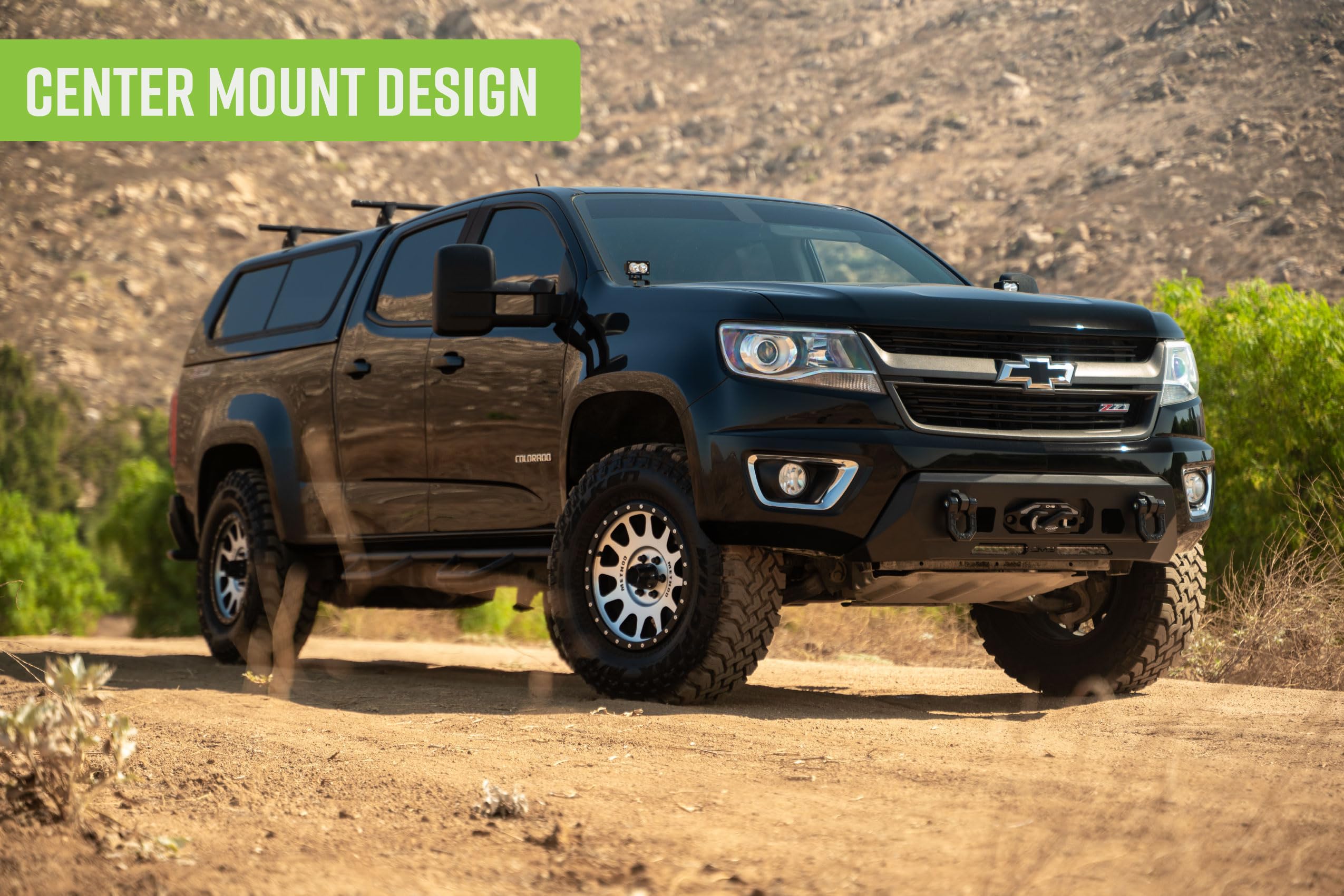 Centric DV8 Offroad Front Bumper for 2015-2020 Chevy Colorado | Center Mount Design | (1) 20" Light Bar Mount | Heavy-Duty Winch Mount | Pair of D-Ring Mounts | (2) 3" Pod Light Mounts | Steel