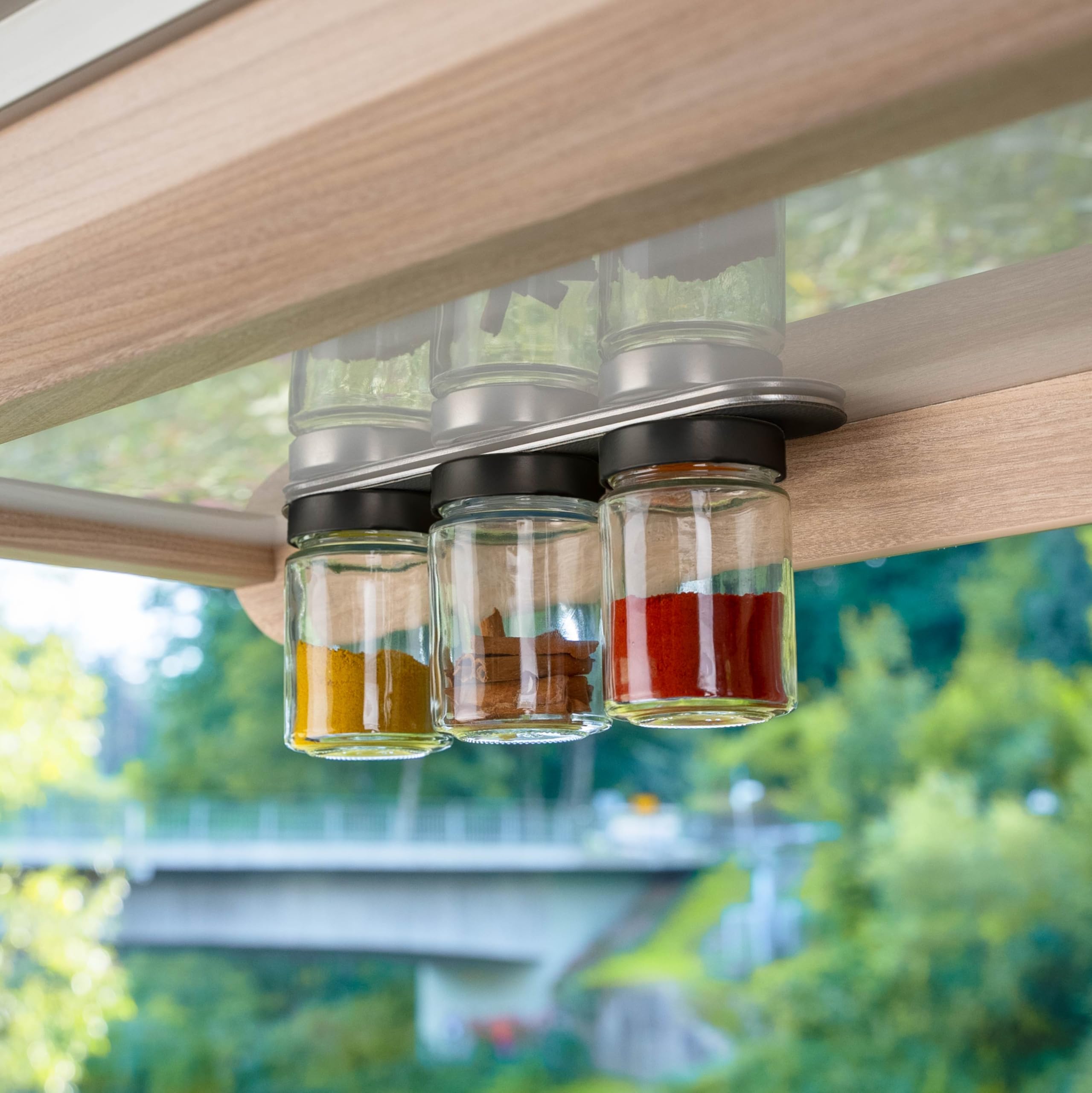Classy silwy® Delicatessen Magnetic Glasses (Set of 3, 192 ml) with Integrated Magnets, Black Metal Strip & Space-Saving Overhead Storage