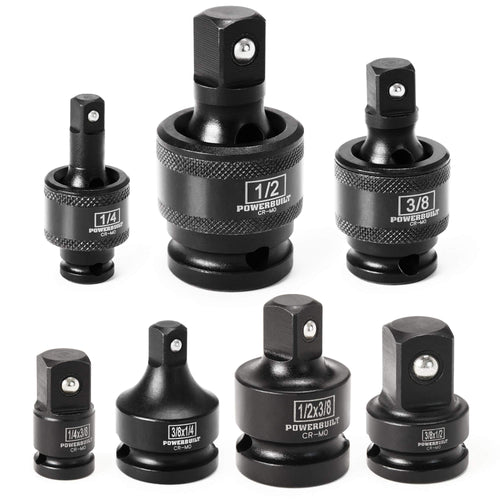 Powerbuilt 7 Piece Universal Joint and Adapter Set, Impact Socket 1/4" 3/8" 1/2" Drive, 4 Piece Adapters and 3 Piece Flexible Socket Swivel U-Joint, Chrome-Moly made - 647095