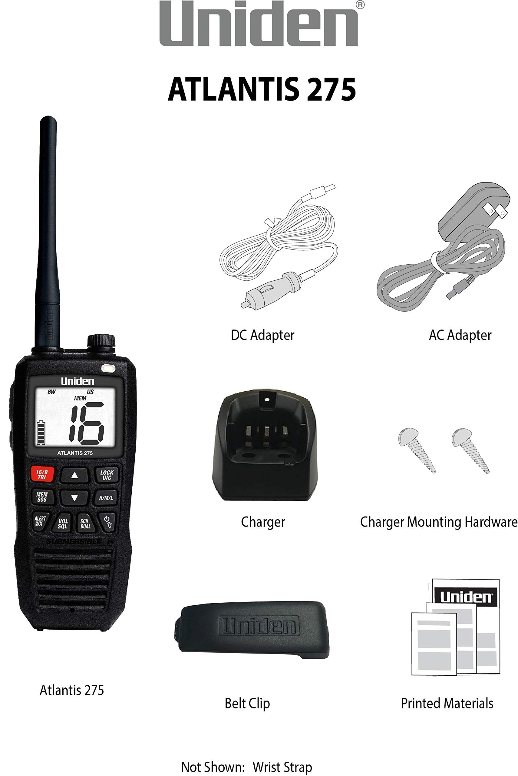 Atlantis 275 Uniden Handheld Two-Way VHF Marine Radio, Floating IPX8 Submersible Waterproof, Large Dual-Color Screen, 6-Watt, All USA/International/Canadian Marine Channels, NOAA Weather Alerts
