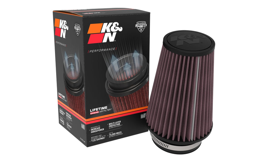 High-Flow K&N Original Lifetime Universal Clamp-On Filter: High Performance, Premium, Washable: Flange Diameter: 4 In, Filter Height: 8 In, Flange Length: 1.75 In, Shape: Round Tapered, RU-1046