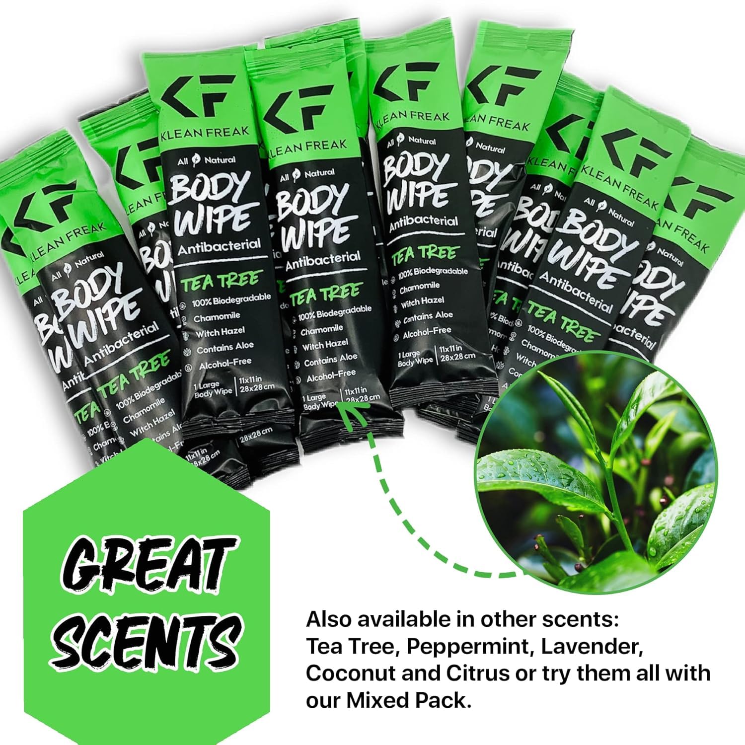 The Body Wipes Klean Freak - 12 count Individually Wrapped | Showerless Body Wipe for Women & Men | Sustainable Bodywipes for Gym, Travel, Camping | Tea-Tree