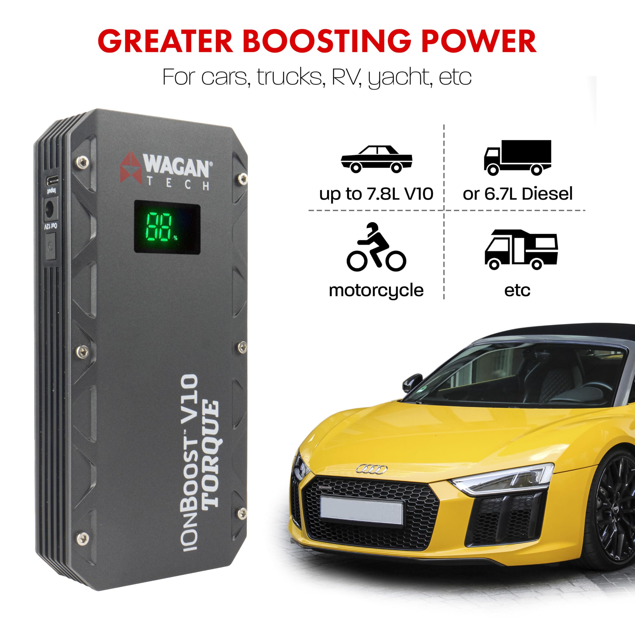Wagan Jump Starter EL7507 iOnBoost V10 Torque 1000Amp Peak 12V Portable Lithium Car Battery Up to 7.8L V10 or 6.7L Diesel, 12V Jump Pack with Built-in LED Bright Light, UL Certified