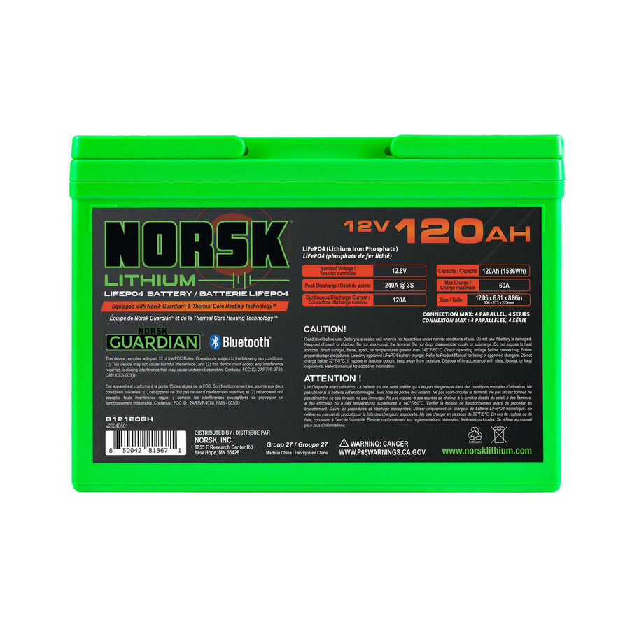 Norsk 12V Lithium 120AH Heated LiFePO4 Marine Battery | Group 27 | Bluetooth | Thermal Core Heating Technology | IP67 Waterproof | Perfect for RV, Solar, Boat, Marine, Trolling Motor