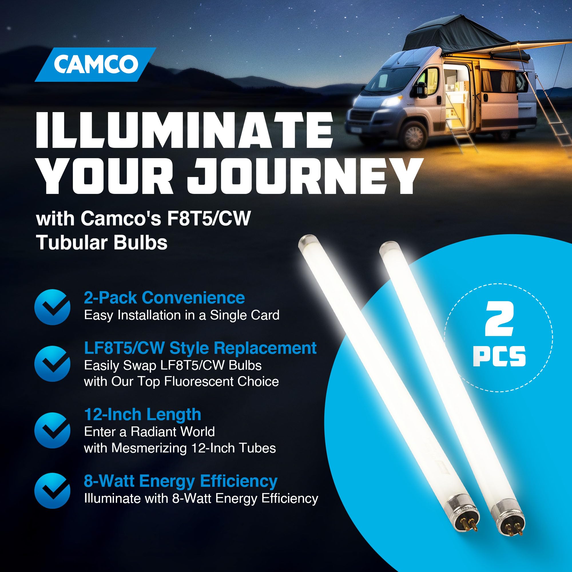 12V Camco 54880 F8T5/CW Fluorescent Light Bulb - Pack of 2, 12 Inches