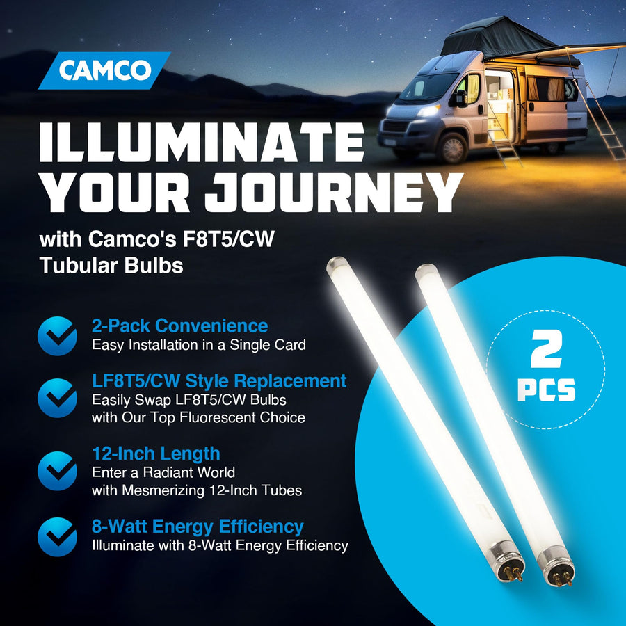 12V Camco 54880 F8T5/CW Fluorescent Light Bulb - Pack of 2, 12 Inches