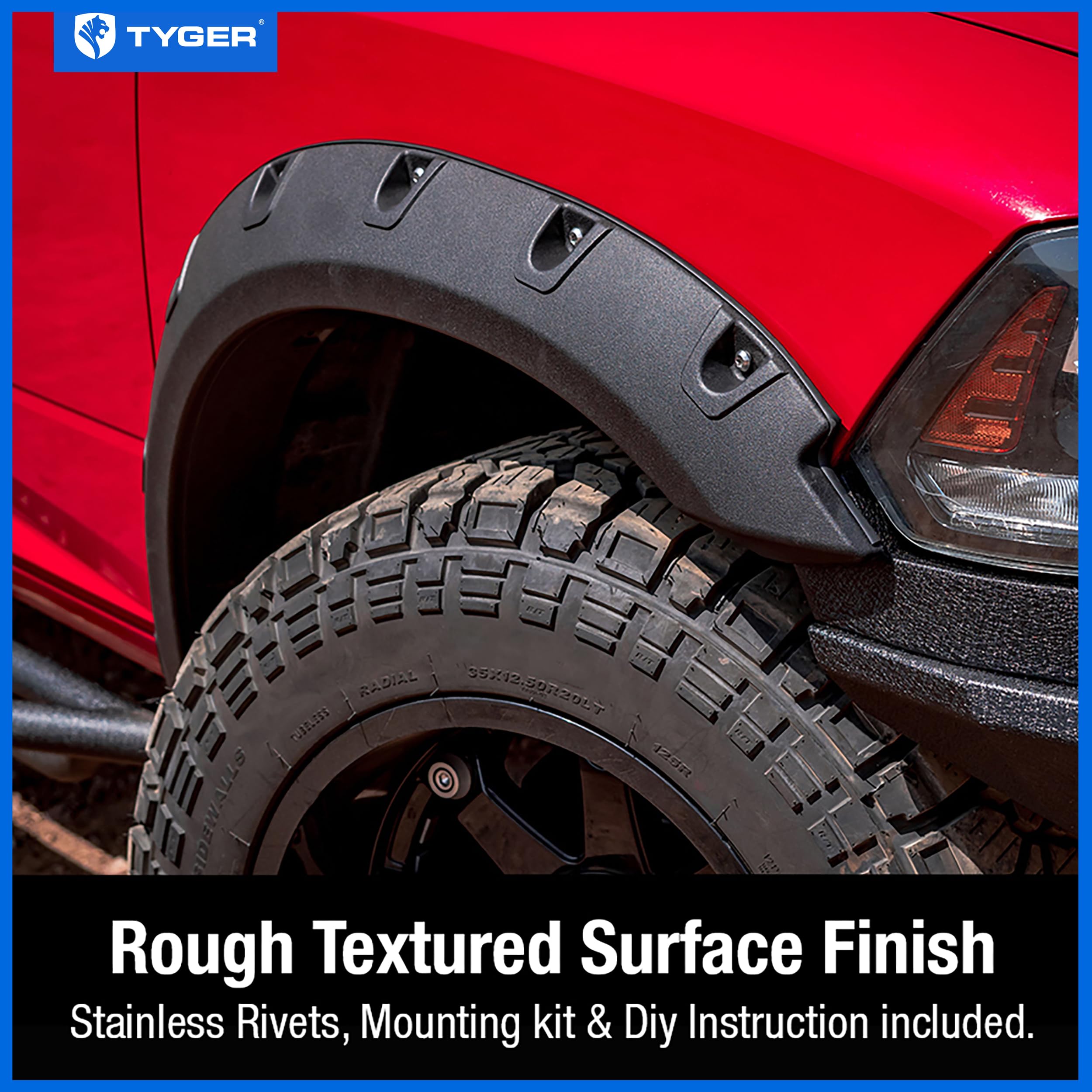 Tyger Auto Fender Flare 2009-2018 Compatible with Dodge Ram 1500; 2019-2024 Classic (Not fit R/T Rebel Warlock), Rough Textured Black Bolt-Riveted Style 4pc | TG-FF8D4147