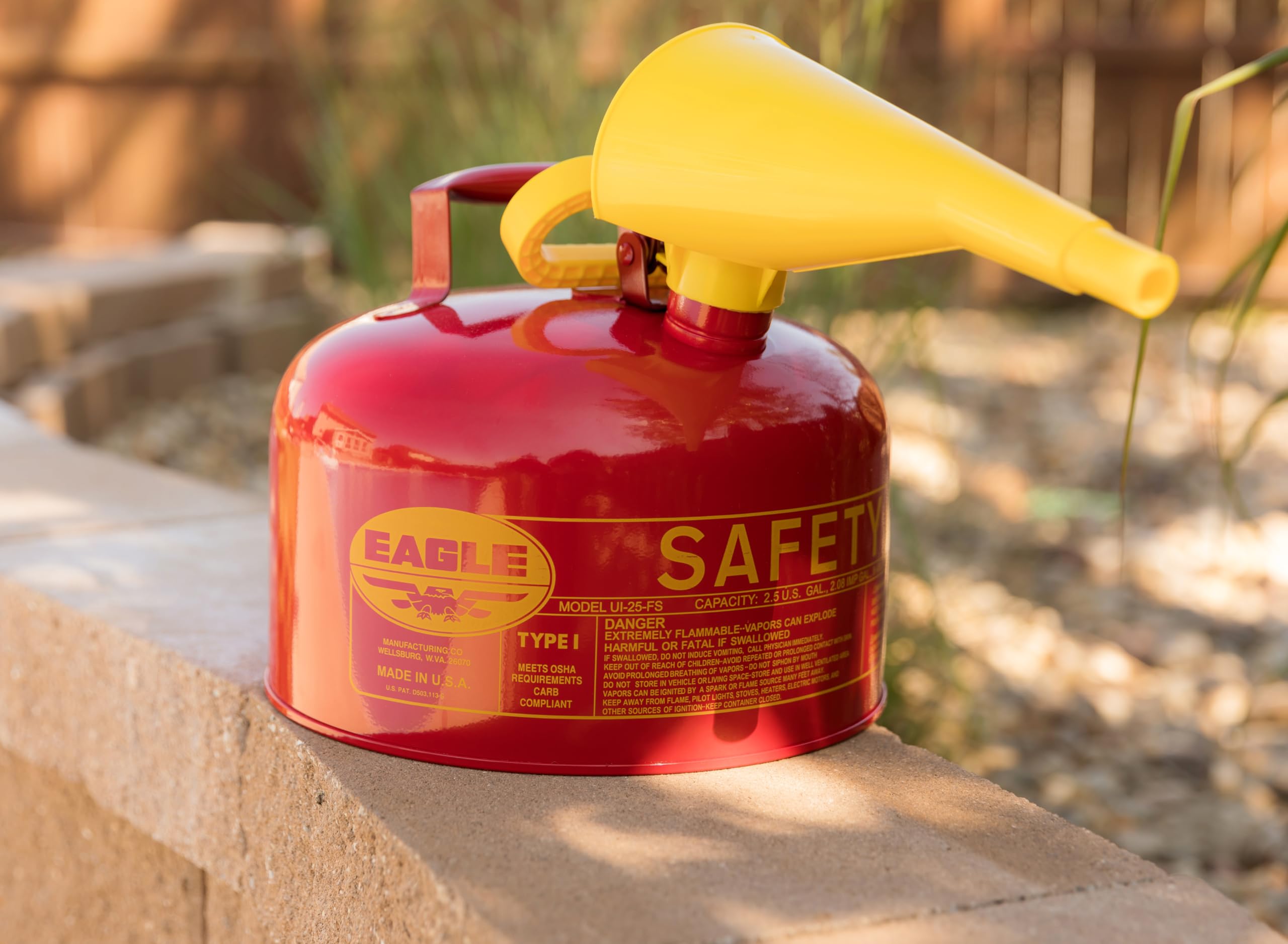 2.5 Gallon Eagle Type I Red Safety Gas Can for Gasoline with Flame Arrester, Self-Closing Lid, and F-15 Funnel, Made in the USA, Galvanized Steel Flammable Storage Can, UI25FS