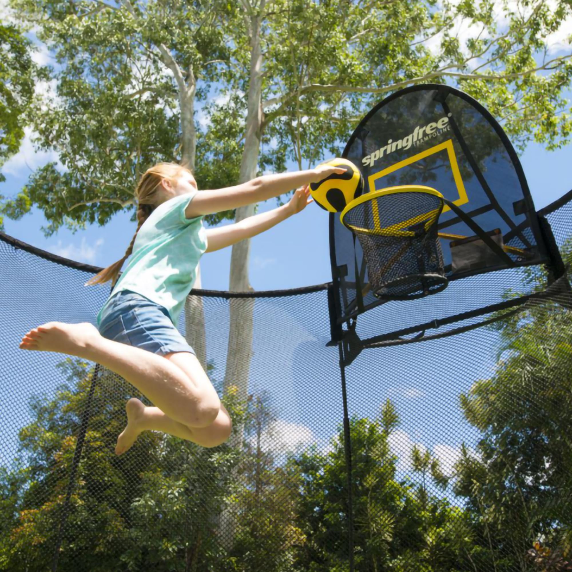 Springfree Basketball Hoop FlexrHoop Attachment for Trampolines with Ball & Pump - Soft Accessory for Outdoor Backyard Recreational Trampoline, Active Play & Jumping Fun for Kids, Adults & Family