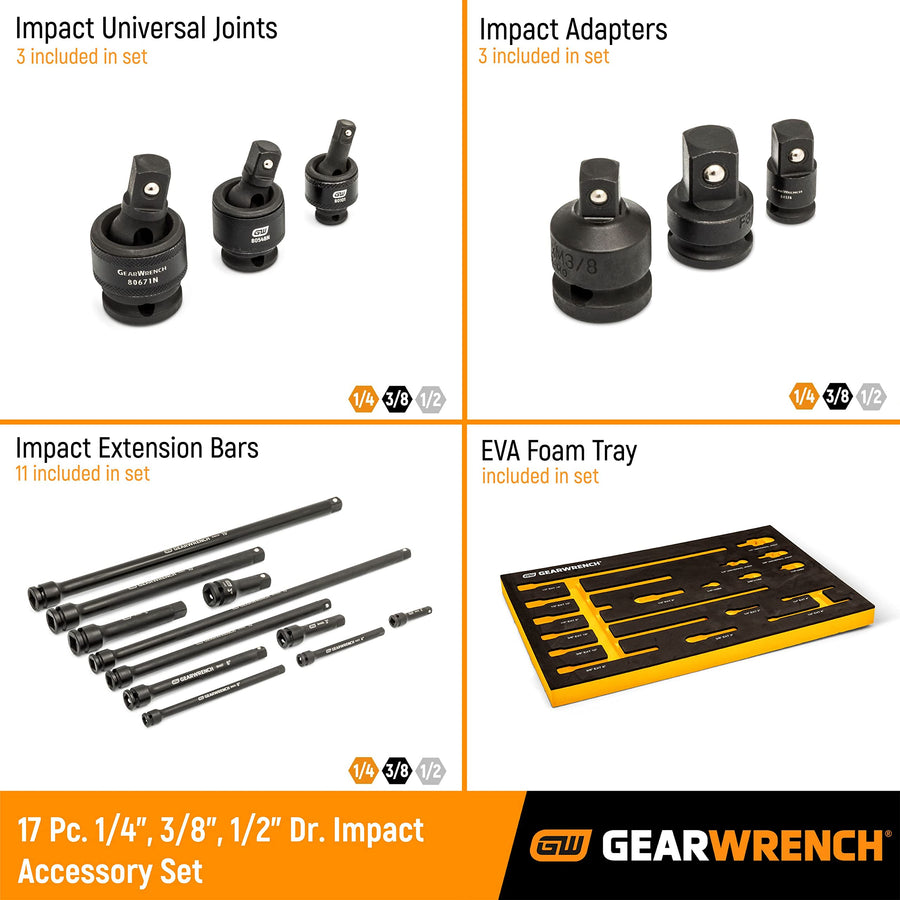 17 Piece GEARWRENCH 1/4", 3/8", 1/2" Impact Drive Tool Accessories Set with EVA Foam Tray - 86524