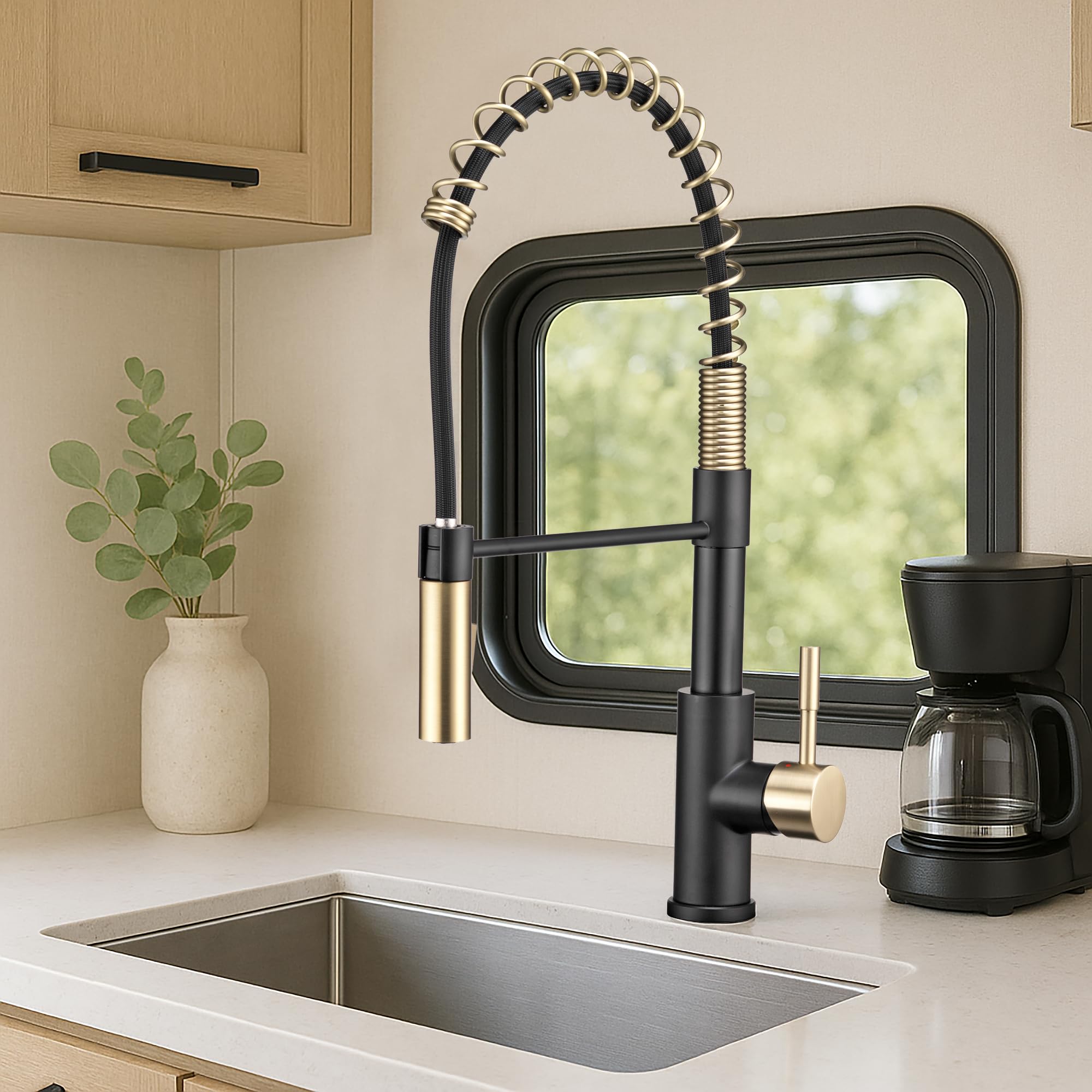 Dura Faucet RV Swivel DF-MK504SLK-MB High-Arc Spring Kitchen Sink Faucet - Single Handle - Kitchen Faucet with Pull-Down Sprayer - Optional Deck Plate (Matte Black/Matte Gold)