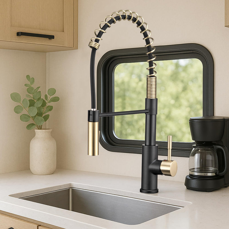 Dura Faucet RV Swivel DF-MK504SLK-MB High-Arc Spring Kitchen Sink Faucet - Single Handle - Kitchen Faucet with Pull-Down Sprayer - Optional Deck Plate (Matte Black/Matte Gold)