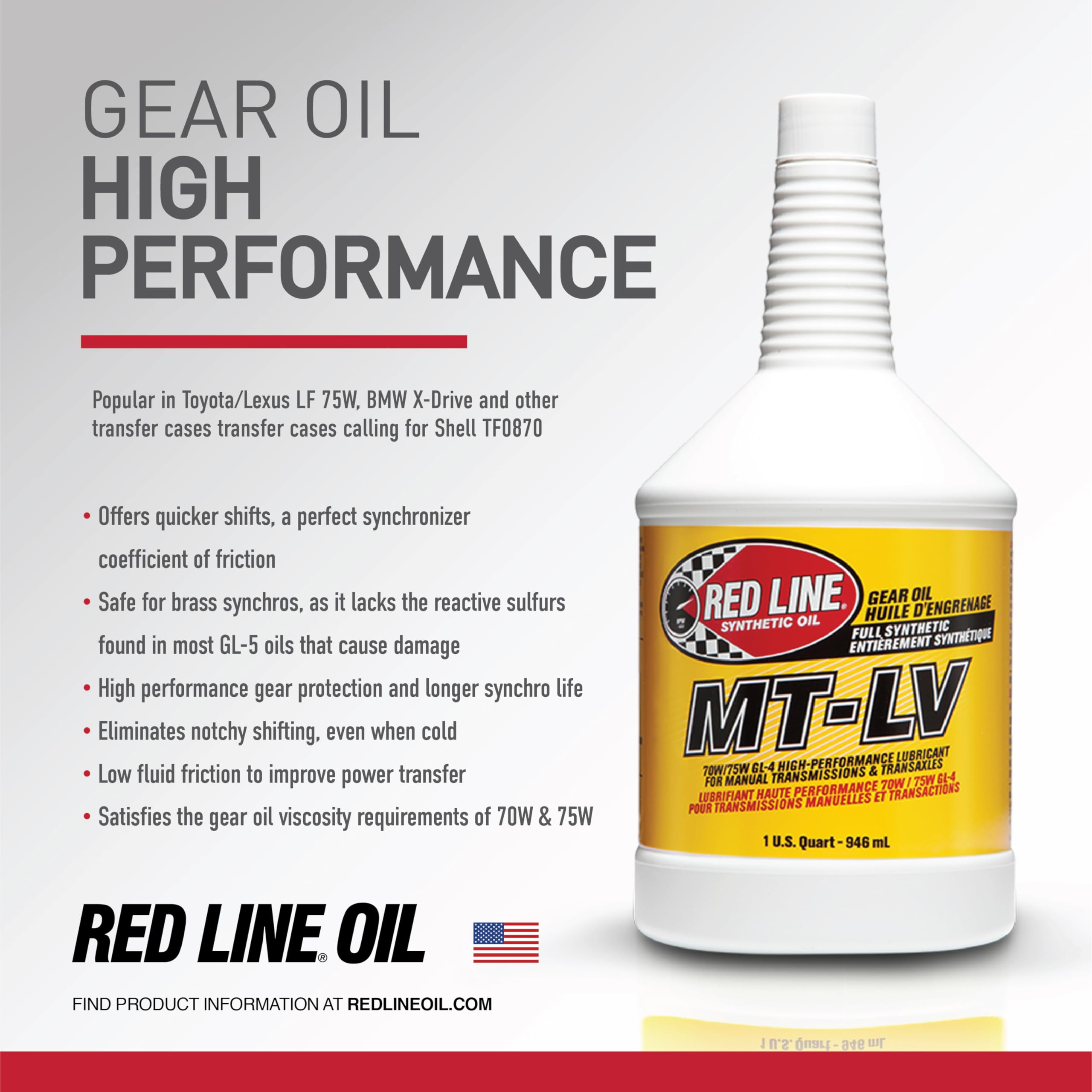 Red Line MT-LV 50604 70W/75W GL-4 High-Performance Full Synthetic Gear Oil Lubricant for Manual Transmissions & Transaxles - 1 Quart