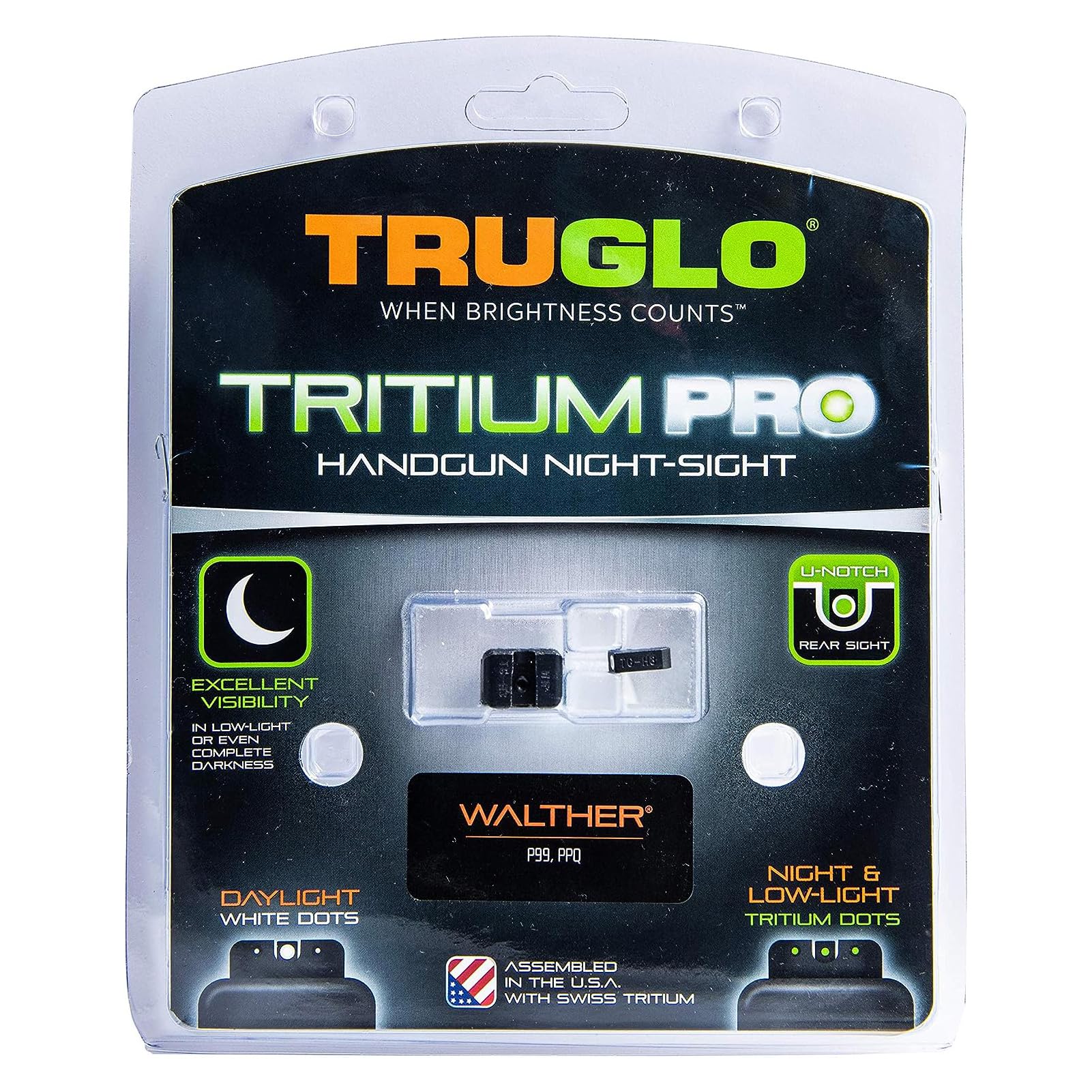 Tritium Pro TRUGLO Night Sights, Compatible with Walther P99 and PPQ | Compact Durable Glow-in-The-Dark Front & Rear Handgun Sight Set with White Focus Lock Front Ring
