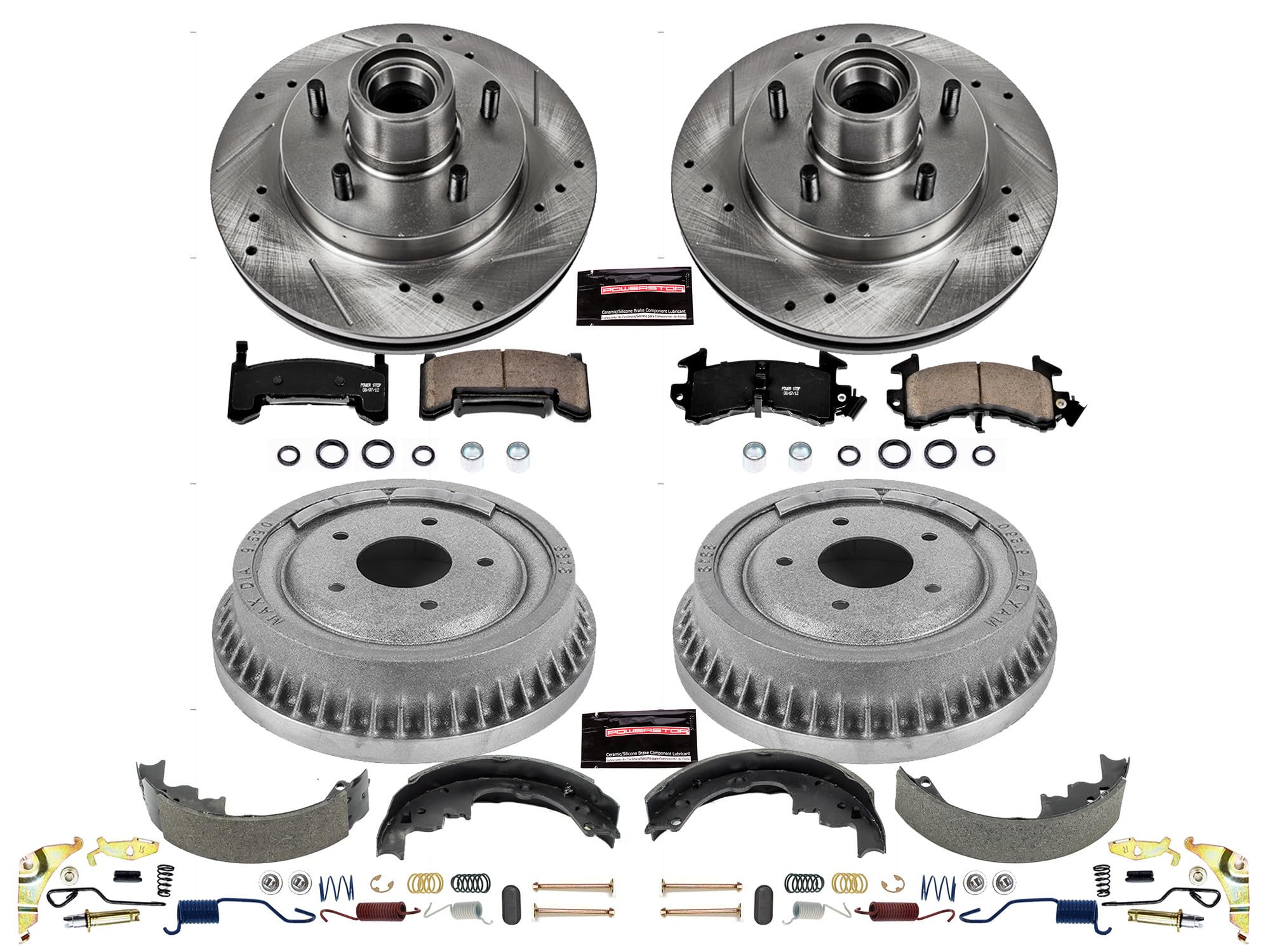 Power Stop K15042DK Z23 Carbon Fiber Brake Pads Front and Rear with Drilled & Slotted Brake Drums Kit