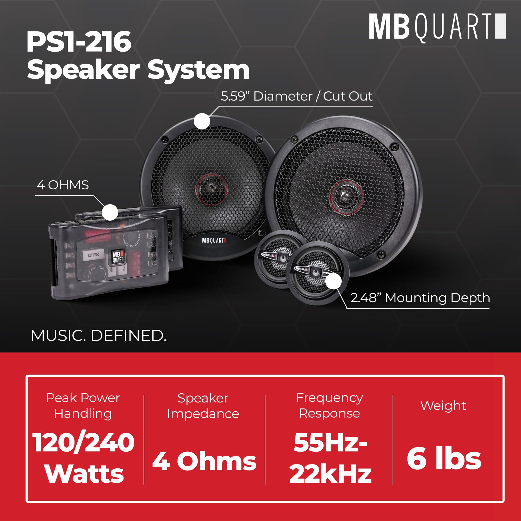 MB Quart 6.5" PS1-216 Premium Car Speakers - 240W, 2-Way Component, 4 OHMS, with Grills, Superior Bass & Clear Highs for an Unmatched Audio Experience in Your Vehicle