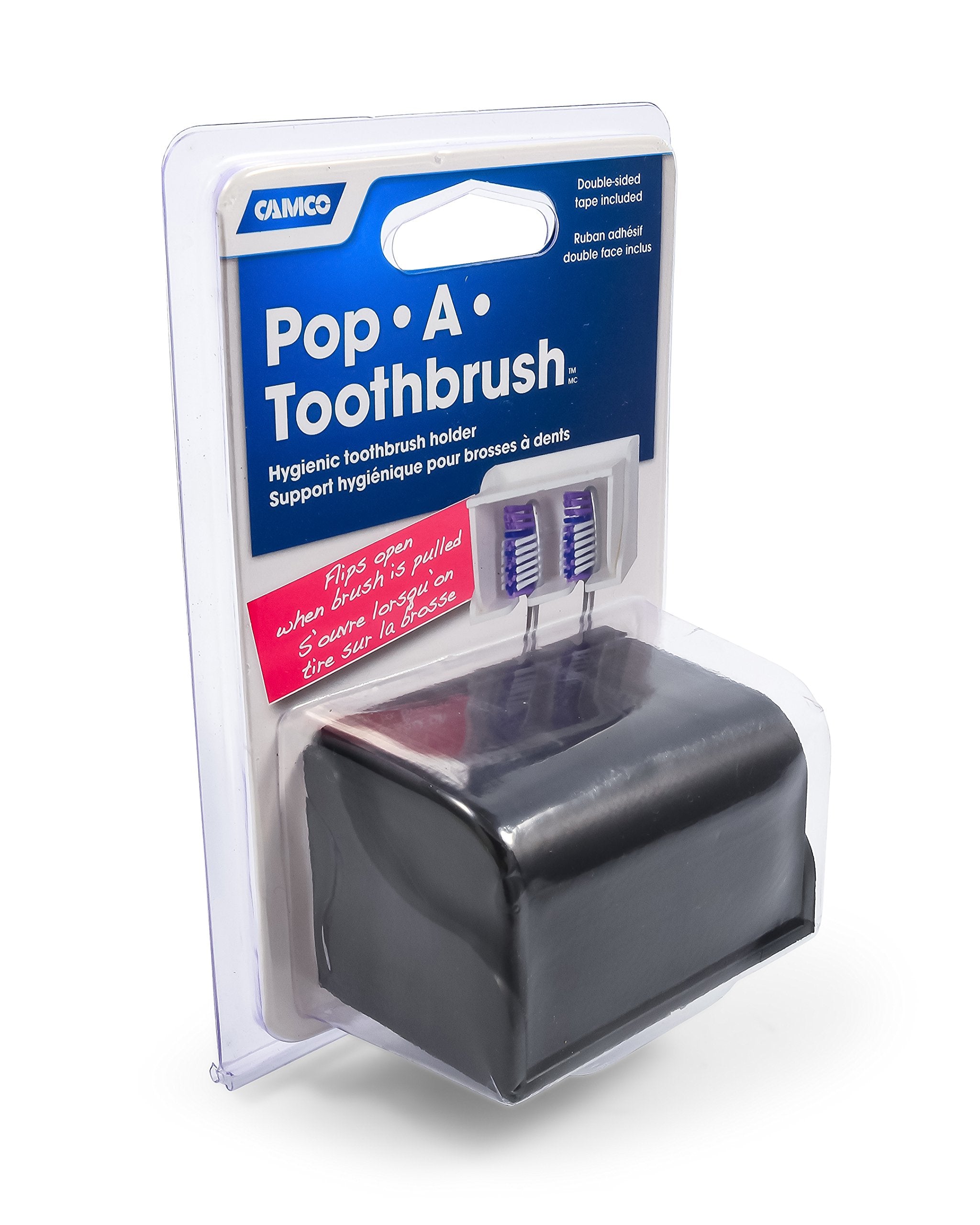 Camco A Wall Mounted Pop-A-Toothbrush Holder With Protecting Cover, Perfect For Traveling, Dorm Bathrooms and More, Holds 2 Toothbrushes- (Black) (57202)