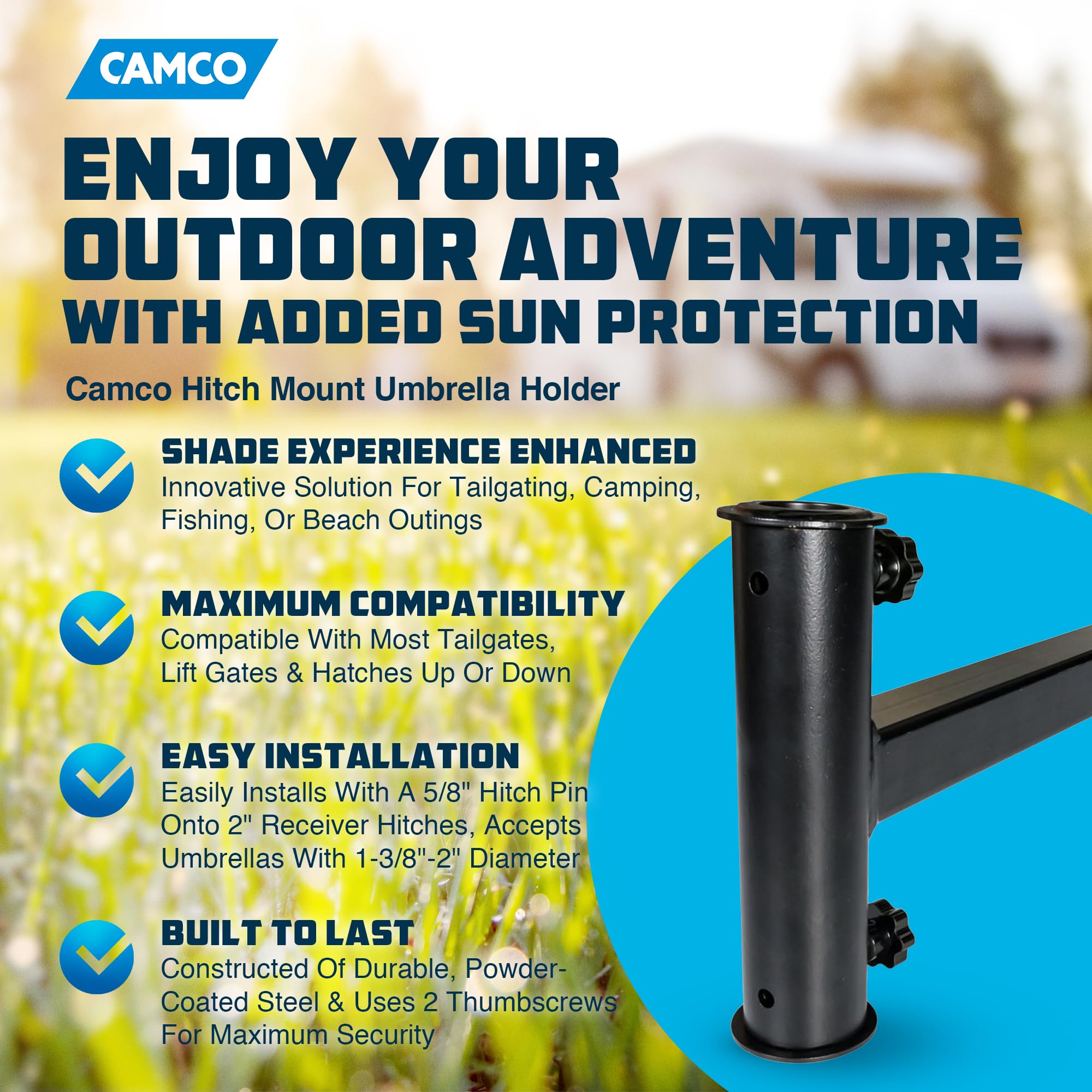 Camco Hitch Mount Durable Umbrella Holder- Sturdily Supports Large Patio and Outdoor Umbrellas on Your Hitch, Great for Traveling, Tailgating and Outdoor Events (51958)