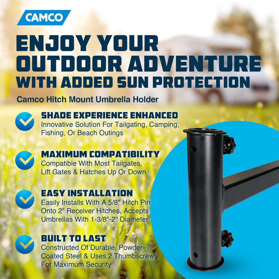 Camco Hitch Mount Durable Umbrella Holder- Sturdily Supports Large Patio and Outdoor Umbrellas on Your Hitch, Great for Traveling, Tailgating and Outdoor Events (51958)