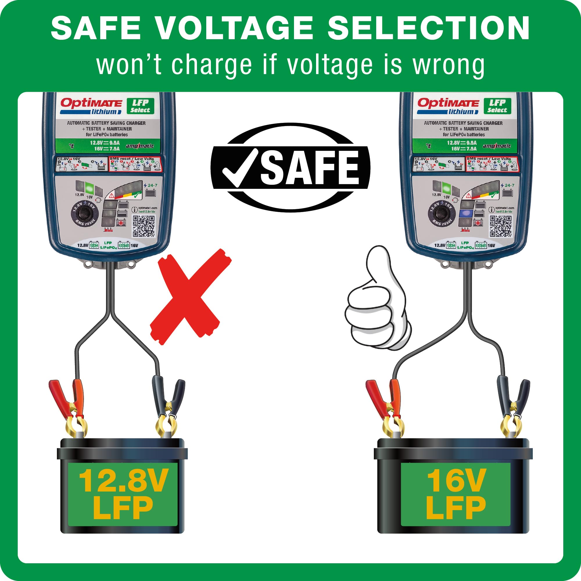 Optimate LFP Lithium Select, TM271v2, 10-Step 12.8V 9.5A / 16V 7.5A High Performance Battery-Saving Charger and Maintainer