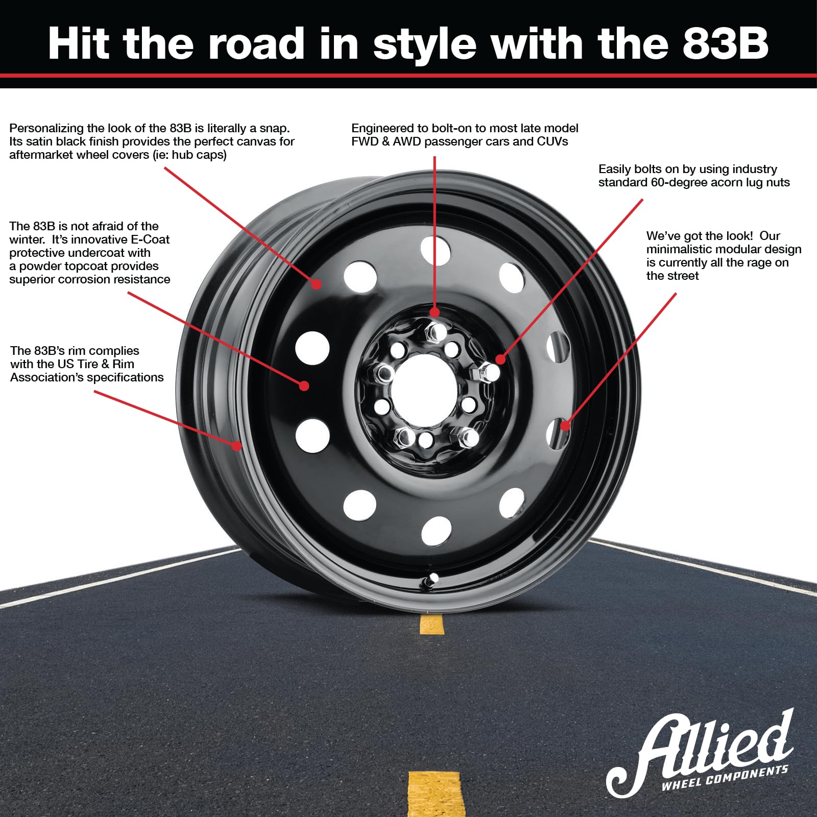 Allied 83B Black Mod FWD 16X6" 5X108 & 5X4.50 Bolt Patterns +35mm Offset 4.88" BS Satin Black Passenger Car Wheel, Bolt-on OE Replacement, Car Mods, FWD, AWD, SUV and CUV Steel Wheel