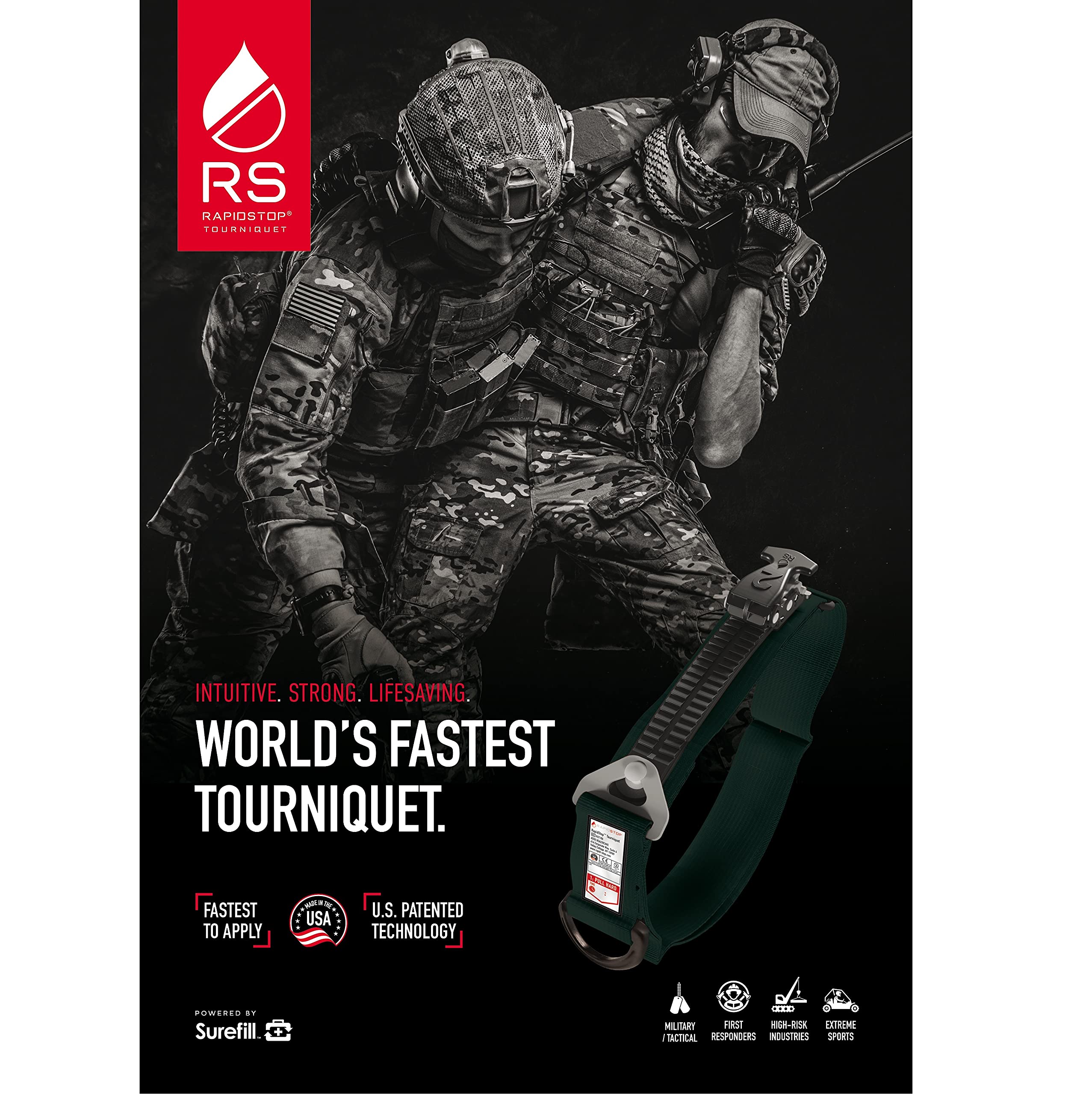 Aero Healthcare RAPIDSTOP RST100 Black Tourniquet for Emergency Outdoor First Aid Tactical Life Saving Hemorrhage Control, Single-Handed Operation of Hemostatic Bandage. MADE IN THE USA