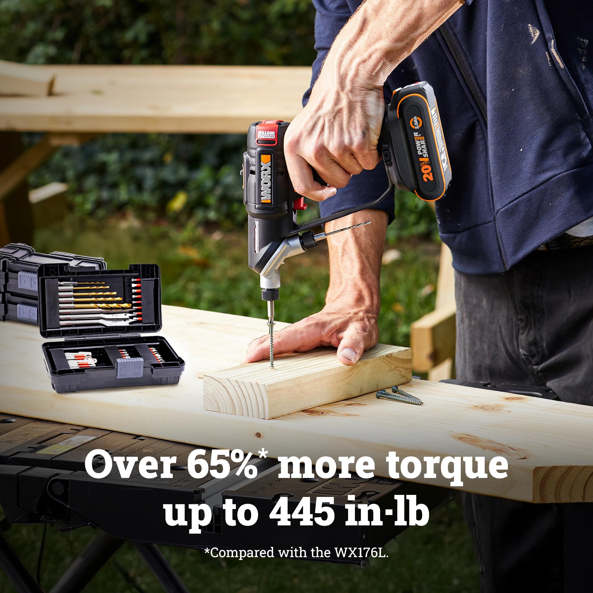 WORX 20V Cordless Drill Driver, 445 in·lb Brushless Power Drill Driver, Powerful Drilling and Driving, 2-in-1 Design, Intelligent Digital Display, Battery and Charger Included, PowerShare