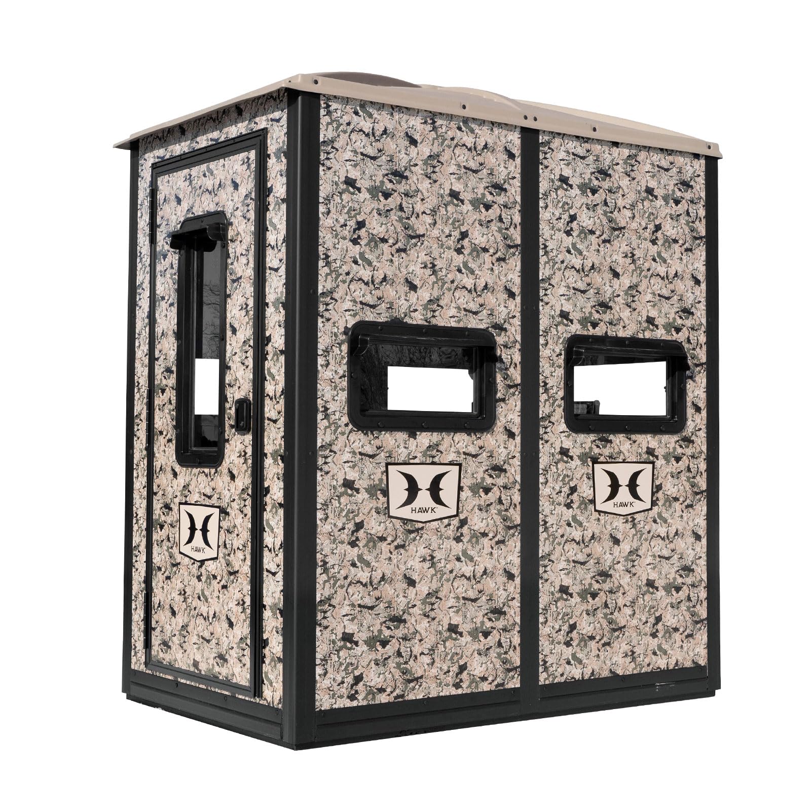 Double Hawk Hunting 4' W x 6' D x 6.5' T Assembled Camo Concealing Insulated Steel Box Blind | Floor with Rubber Pad and Multiple One-Hand-Operable Windows | Blind Only