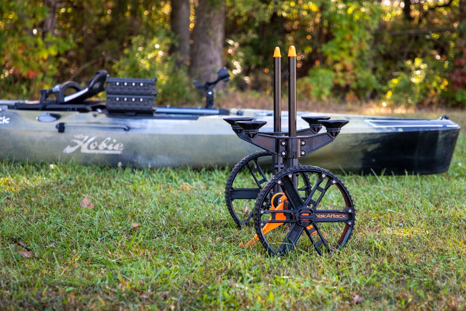 TowNStow YakAttack Scupper Kayak Cart | Collapsible with Extra Fore & AFT Hull Support | Adjustable 5.5" - 14.5" Wide | Dual Kick-Away Stands | 3-Piece BeadLoc Wheel Design & Rubber Tread | USA Made