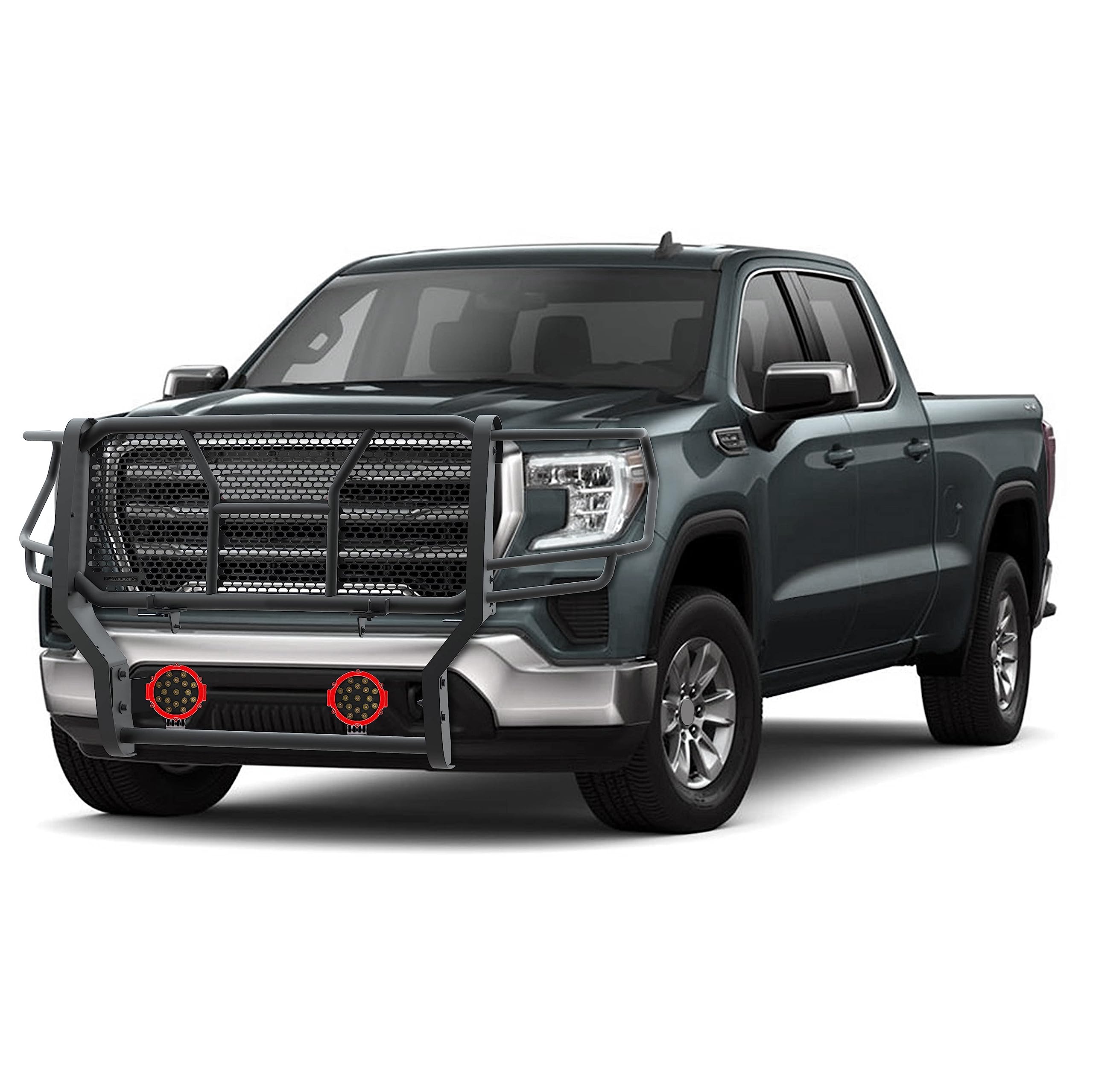 Heavy Duty Black Horse Rugged Grille Brush Bumper Guard Modular Black Come with Pair of 7.0" Dia.LED Lights with Red Trim Rings Compatible with 2020-2023 GMC Sierra 2500 HD/3500 HD-RU-GMSI20-B-PLR