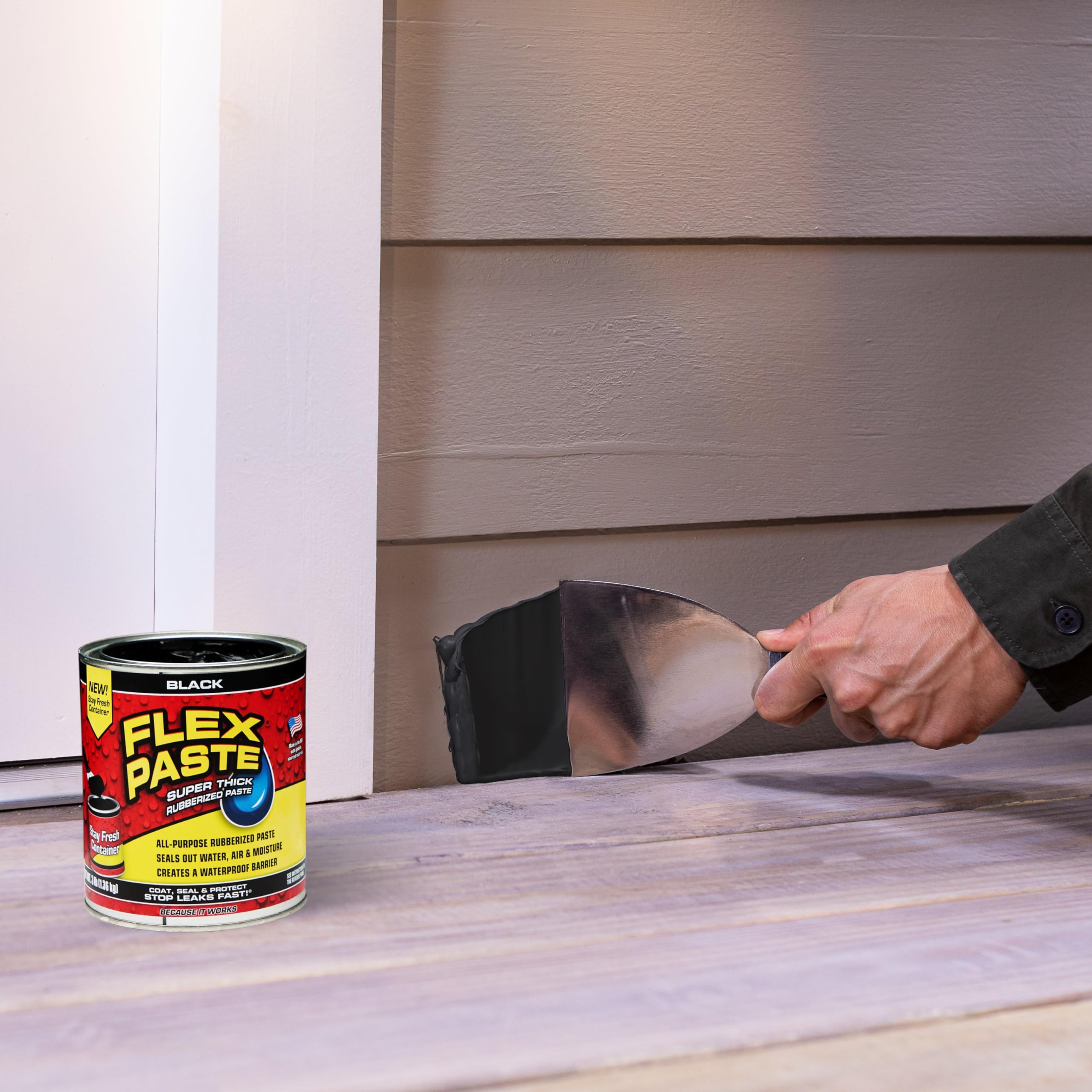Flex Paste, Paintable Waterproof Putty, Spackle Sealant, Fill Gaps Cracks Holes - Block Out Water and Air - UV Resistant - Walls, Drywall, EPDM, Concrete, Roof, RV Repairs, Black, Quart
